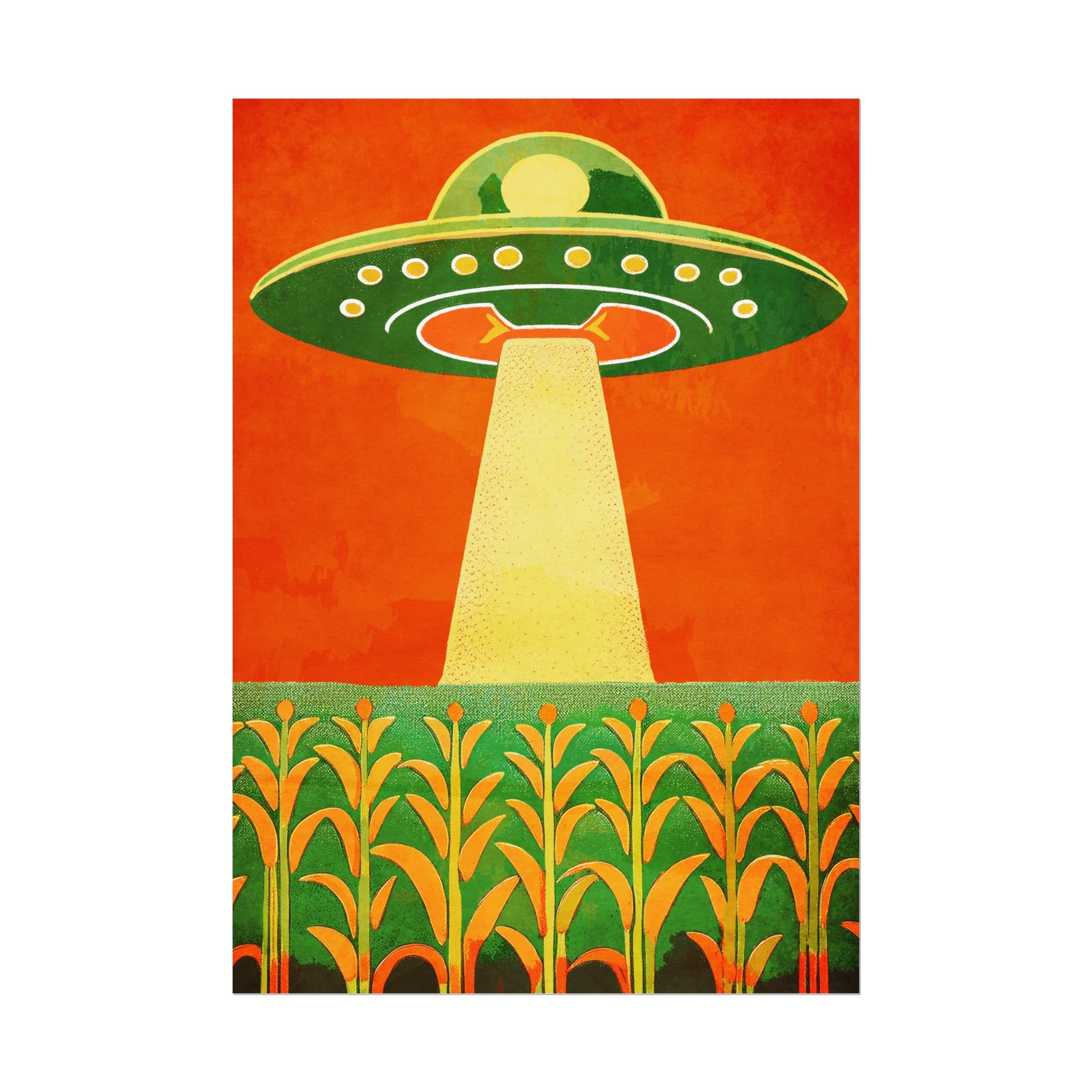 Midwest Modern UFO and Corn Art Print Rolled Poster | Wall Art, Midwest Mod, Prairie, UFO, UAP, Aliens, Cornfield, Martians