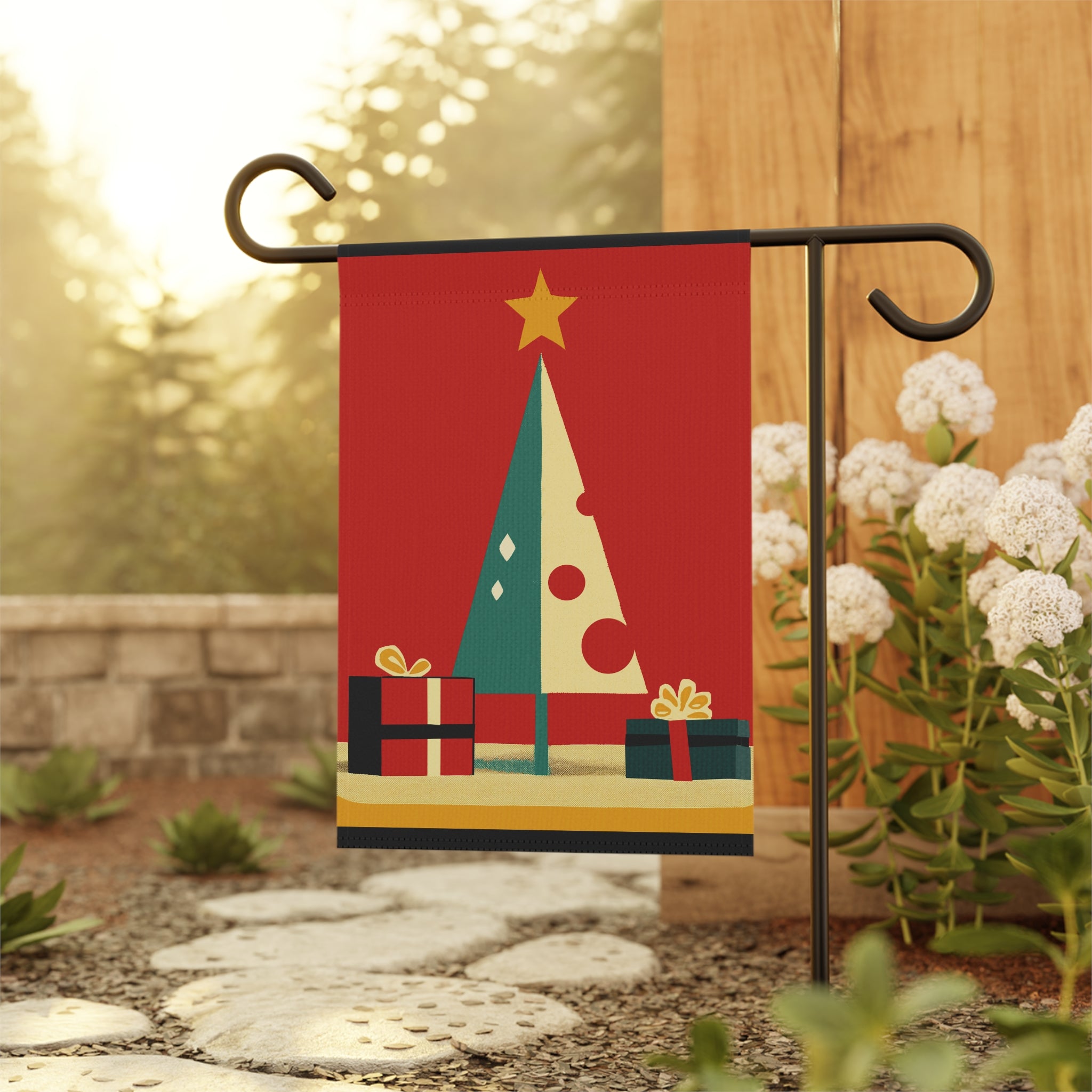 Seasonal Christmas Midwest Mod Tree and Gifts Outdoor House Flag Garden Banner