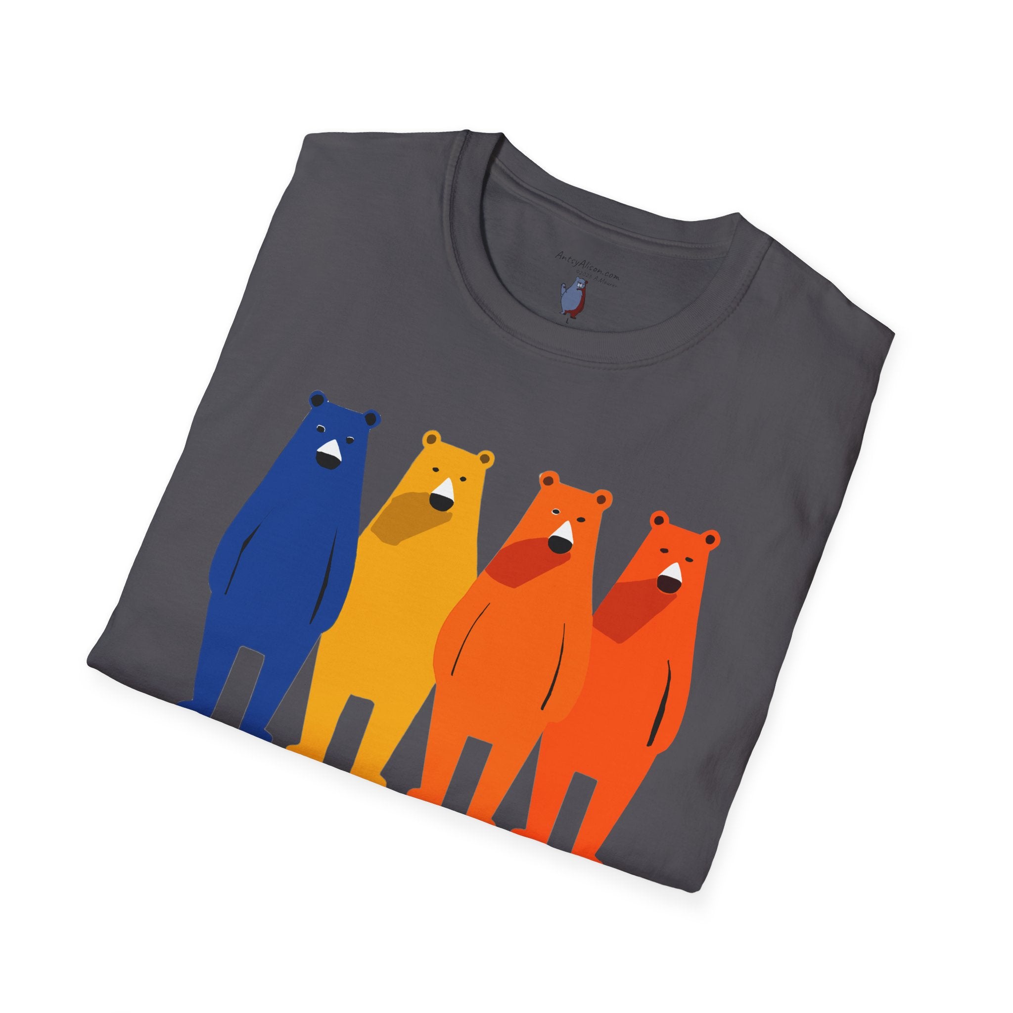 Midwest Modern Primary Row of Four Standing Bears - 100% Cotton Graphic Tee - animal lovers, primary colors, bears
