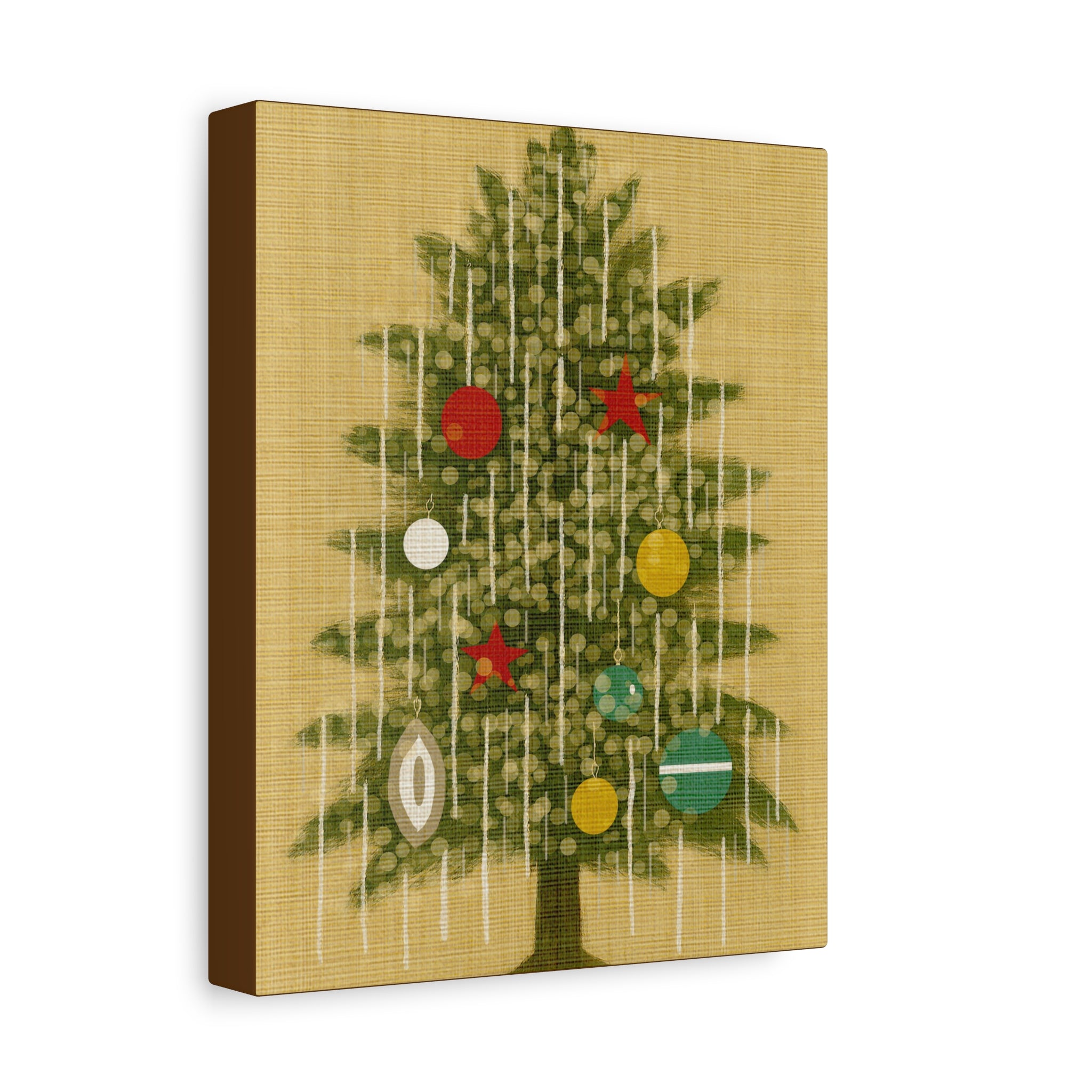 Midwest Mod Seasonal Christmas Art Print -Vintage Tinsel Adorned Tree- Matte Canvas, Stretched, 1.25"