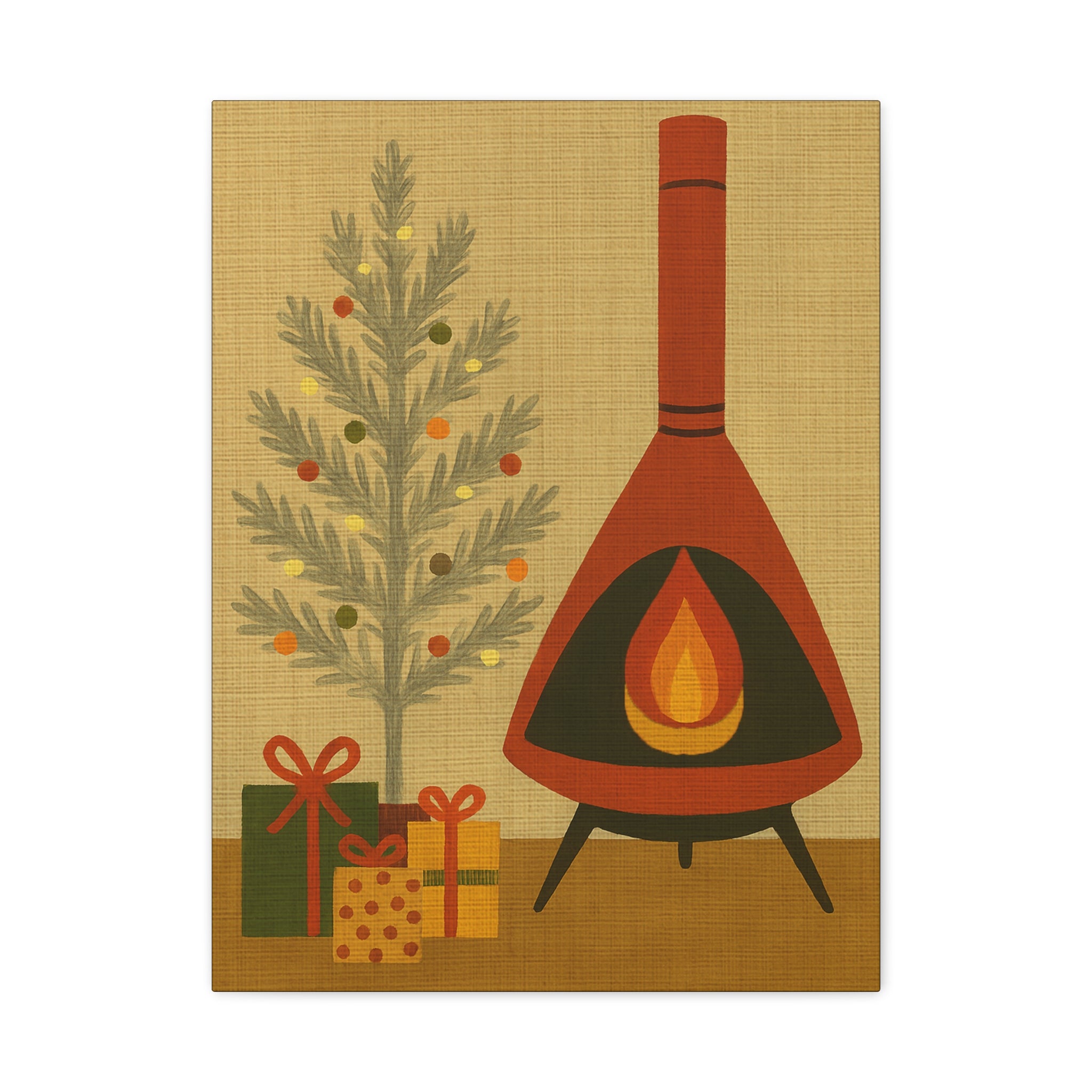 Midwest Mod Seasonal Christmas Art Print - Retro Fireplace and Tinsel Tree - Matte Canvas, Stretched, 1.25"