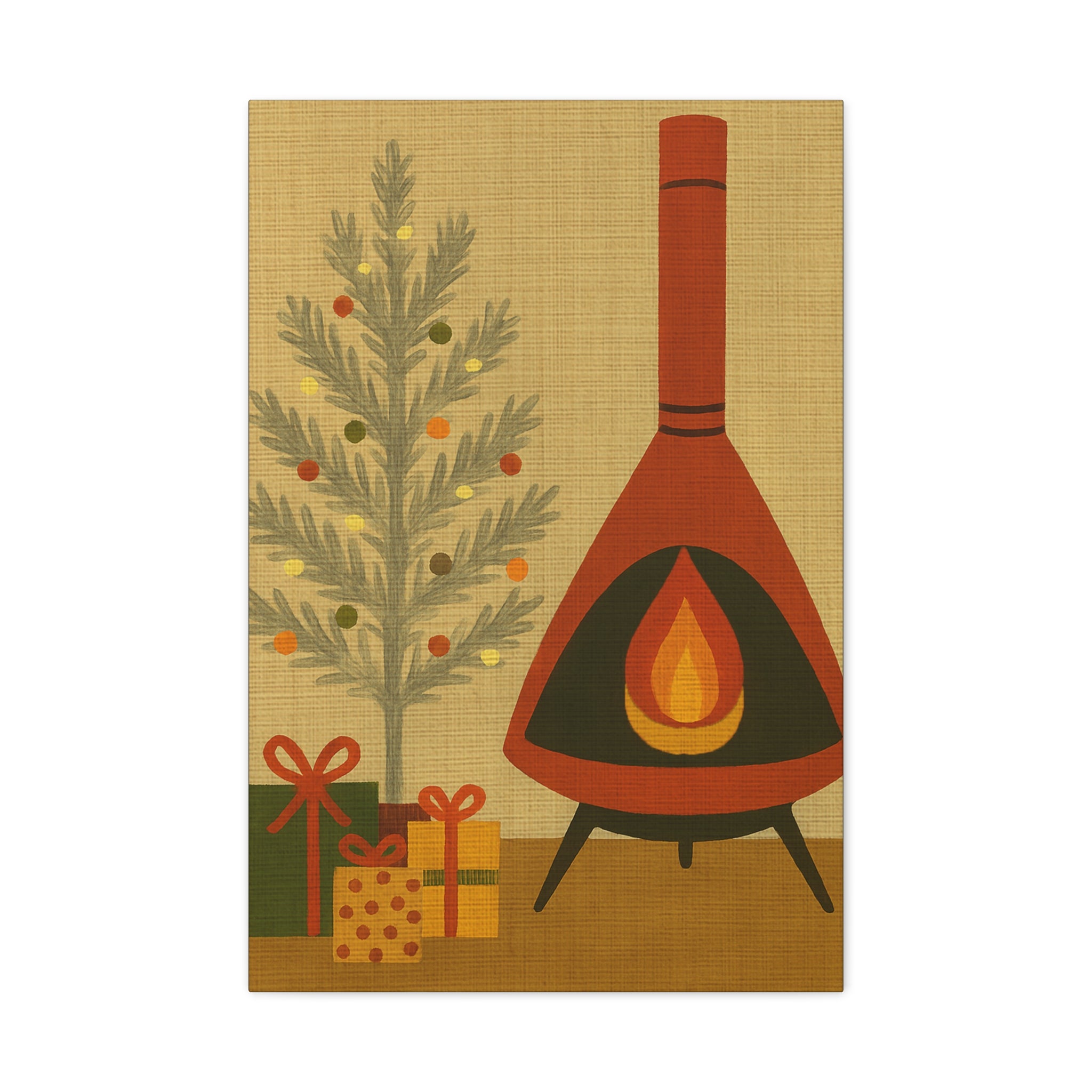 Midwest Mod Seasonal Christmas Art Print - Retro Fireplace and Tinsel Tree - Matte Canvas, Stretched, 1.25"