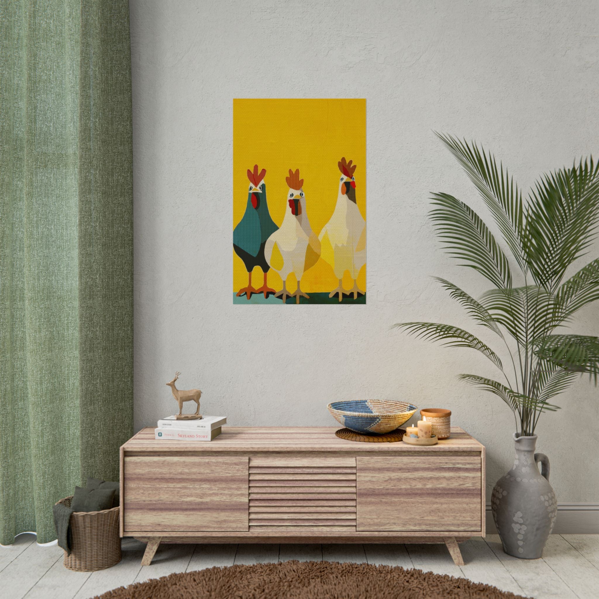 Midwest Modern Pop Art Chicken Trio Two Print Rolled Poster | Farmhouse Wall Art, Rustic Decor, Animal Print, Kitchen Decor, Gift For Chicken Lovers