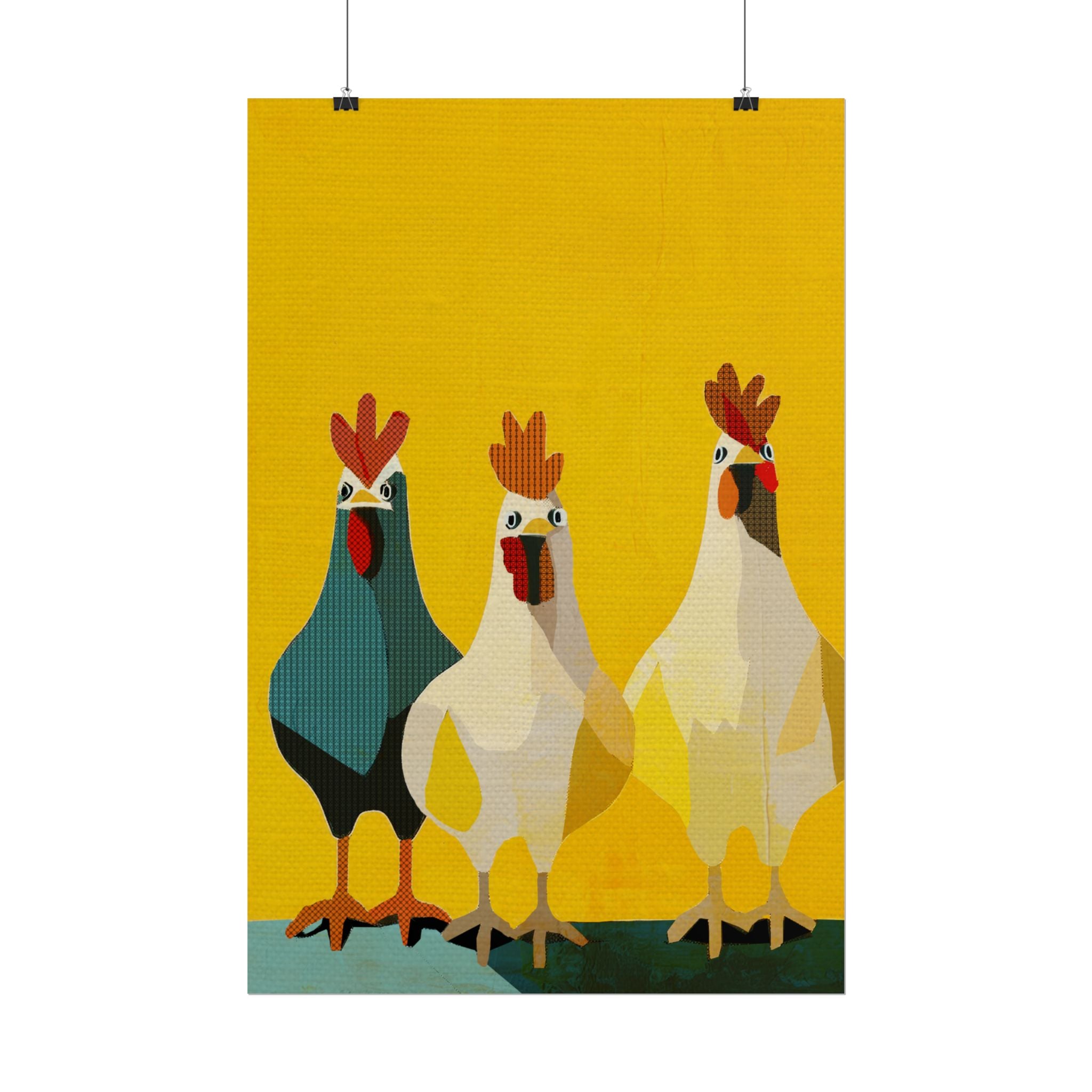 Midwest Modern Pop Art Chicken Trio Two Print Rolled Poster | Farmhouse Wall Art, Rustic Decor, Animal Print, Kitchen Decor, Gift For Chicken Lovers