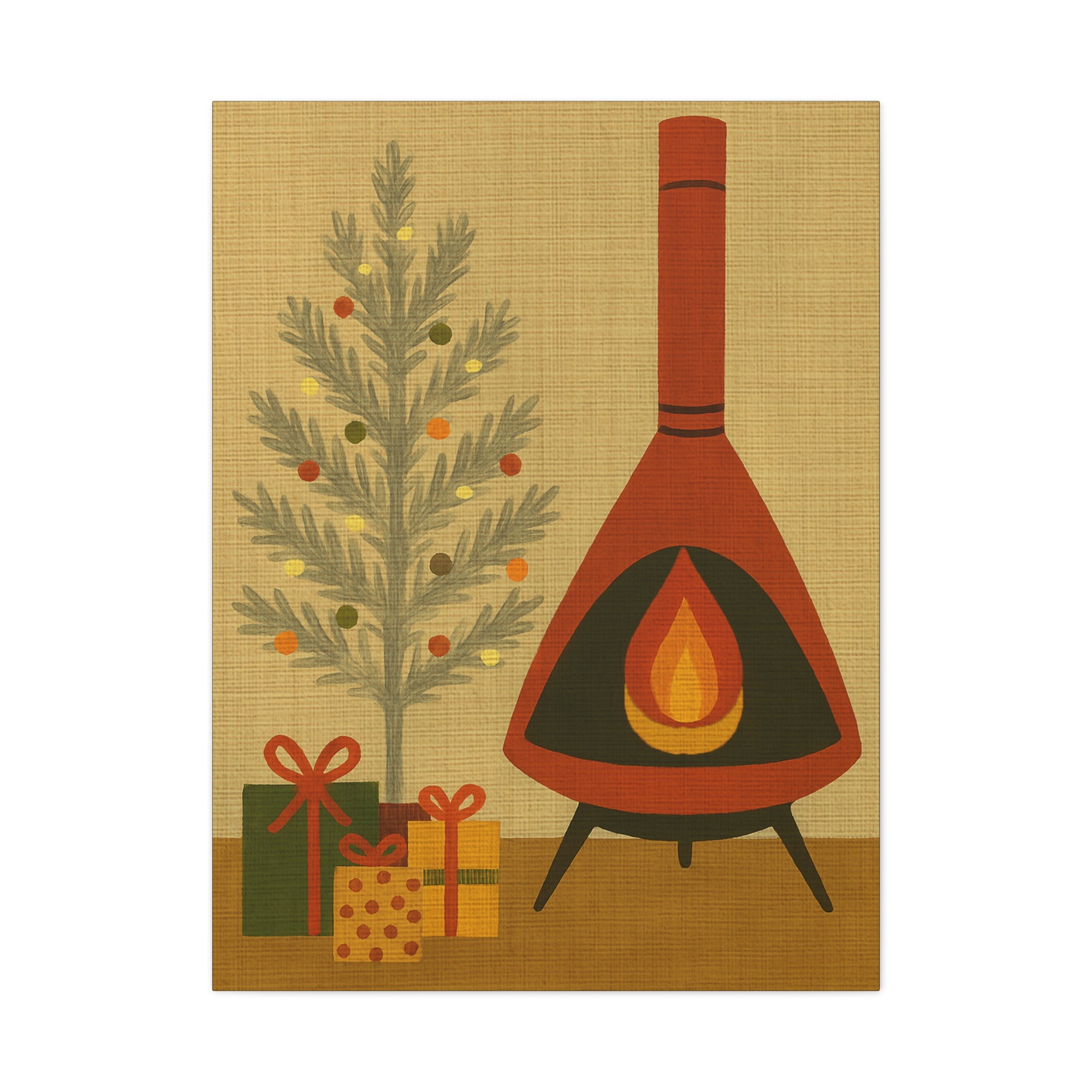 Midwest Mod Seasonal Christmas Art Print - Retro Fireplace and Tinsel Tree - Matte Canvas, Stretched, 1.25"