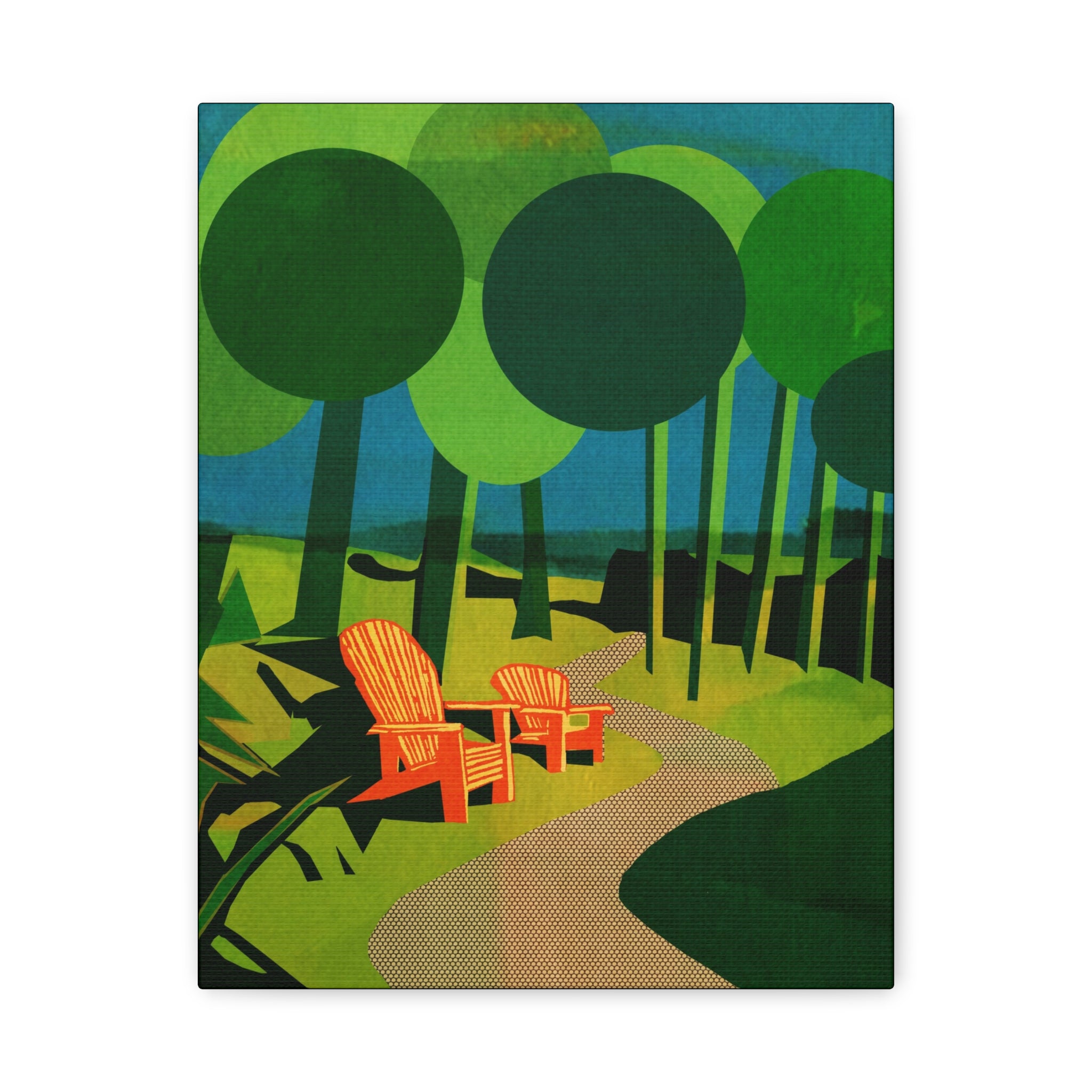 Midwest Modern Camp Adirondack Chairs Art Print - Matte Canvas, Stretched, 1.25" -  home decor, wall art, camp, cabin, cottage, nature, trails