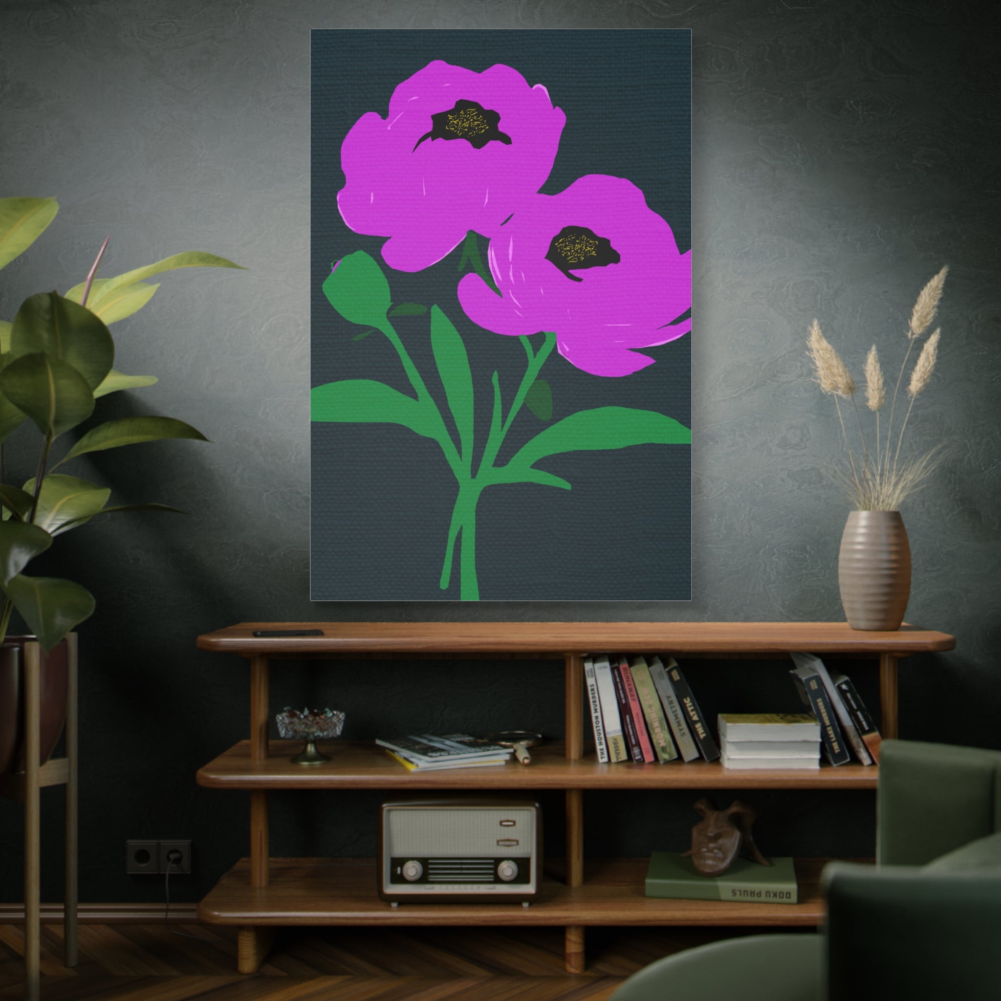 Modern Abstract Pink Peony Peonies with Navy Blue - Matte Canvas, Stretched, 1.25"