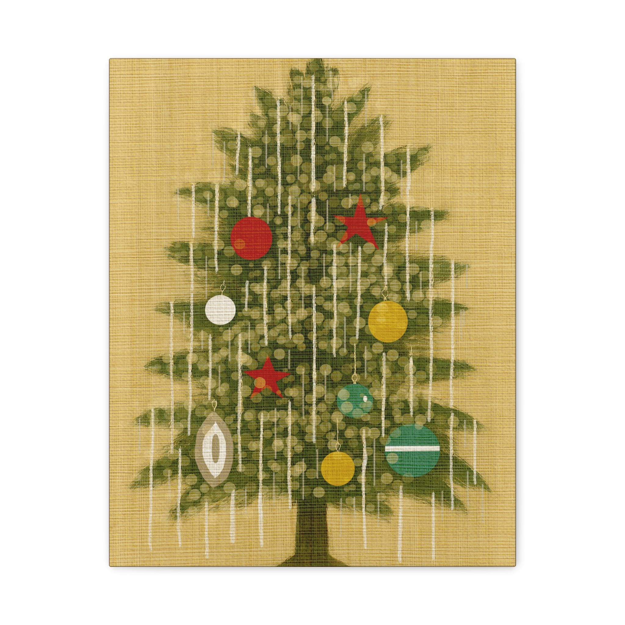 Midwest Mod Seasonal Christmas Art Print -Vintage Tinsel Adorned Tree- Matte Canvas, Stretched, 1.25"
