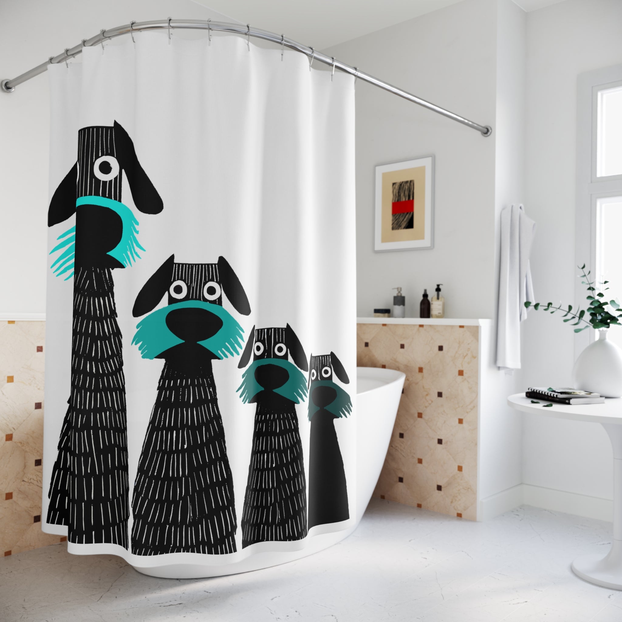 Retro Inspired Wide Eyed Dogs Shower Curtain Turquoise Blue Gradient