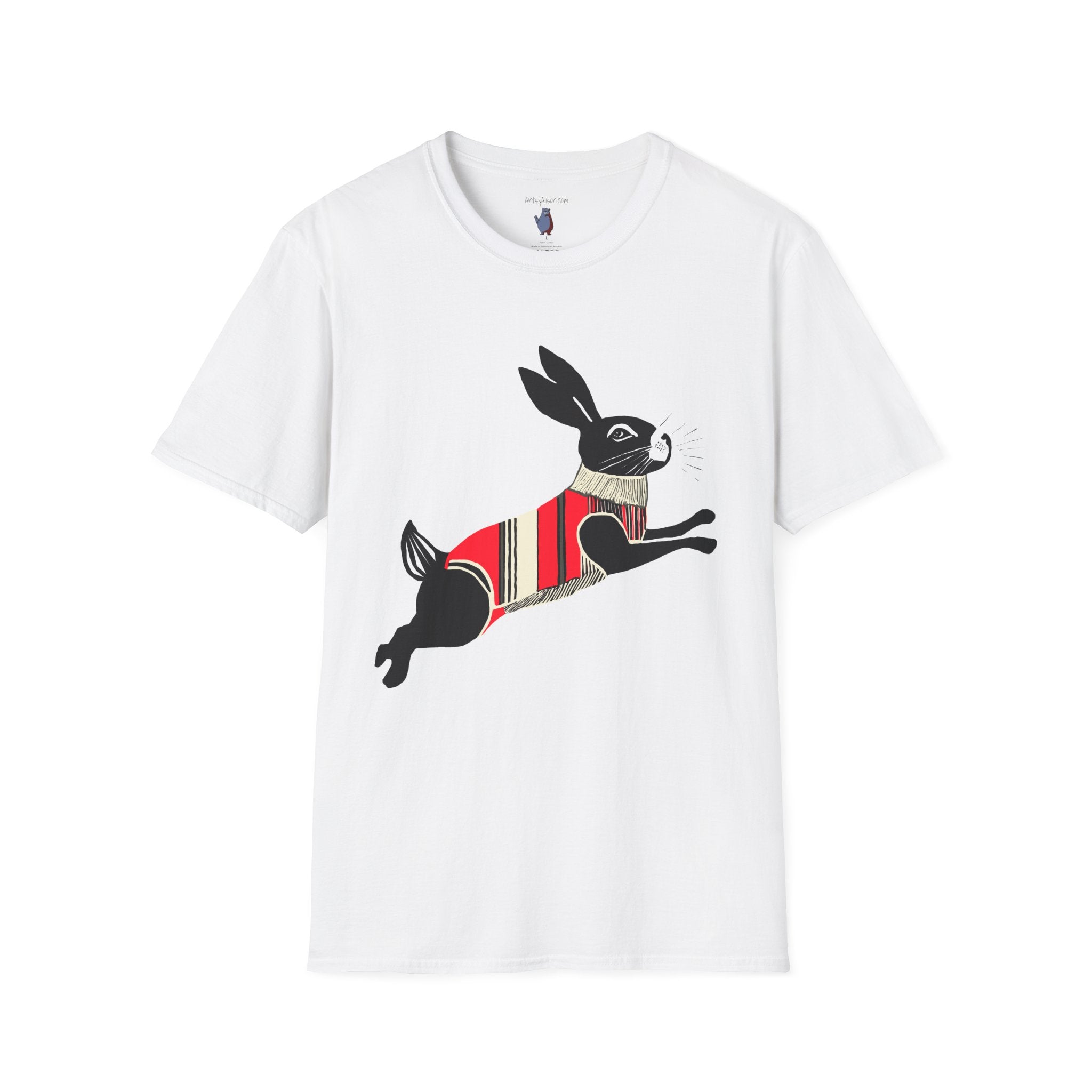 Leaping Bunny in Sweater Graphic Art - 100% Cotton T-Shirt