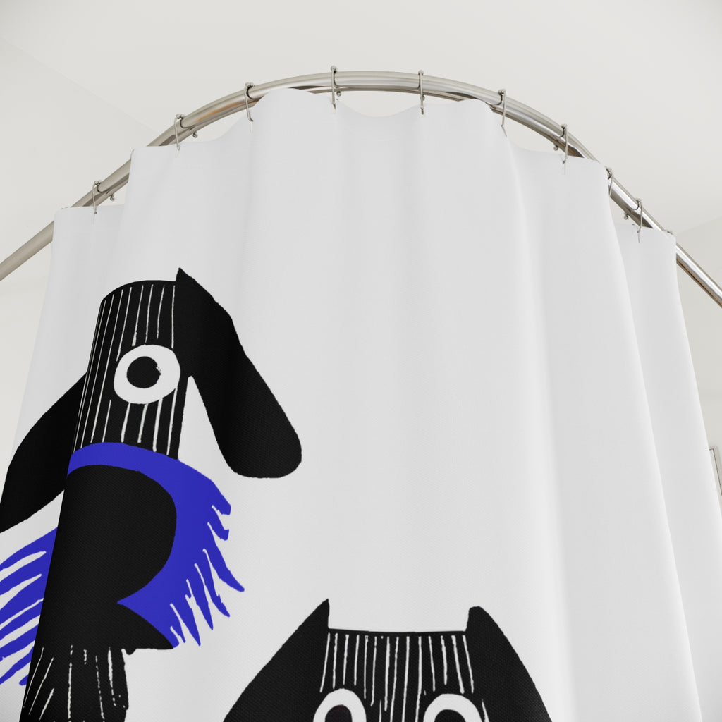 Retro Inspired Wide Eyed Dogs Shower Curtain Primary Blue Gradient