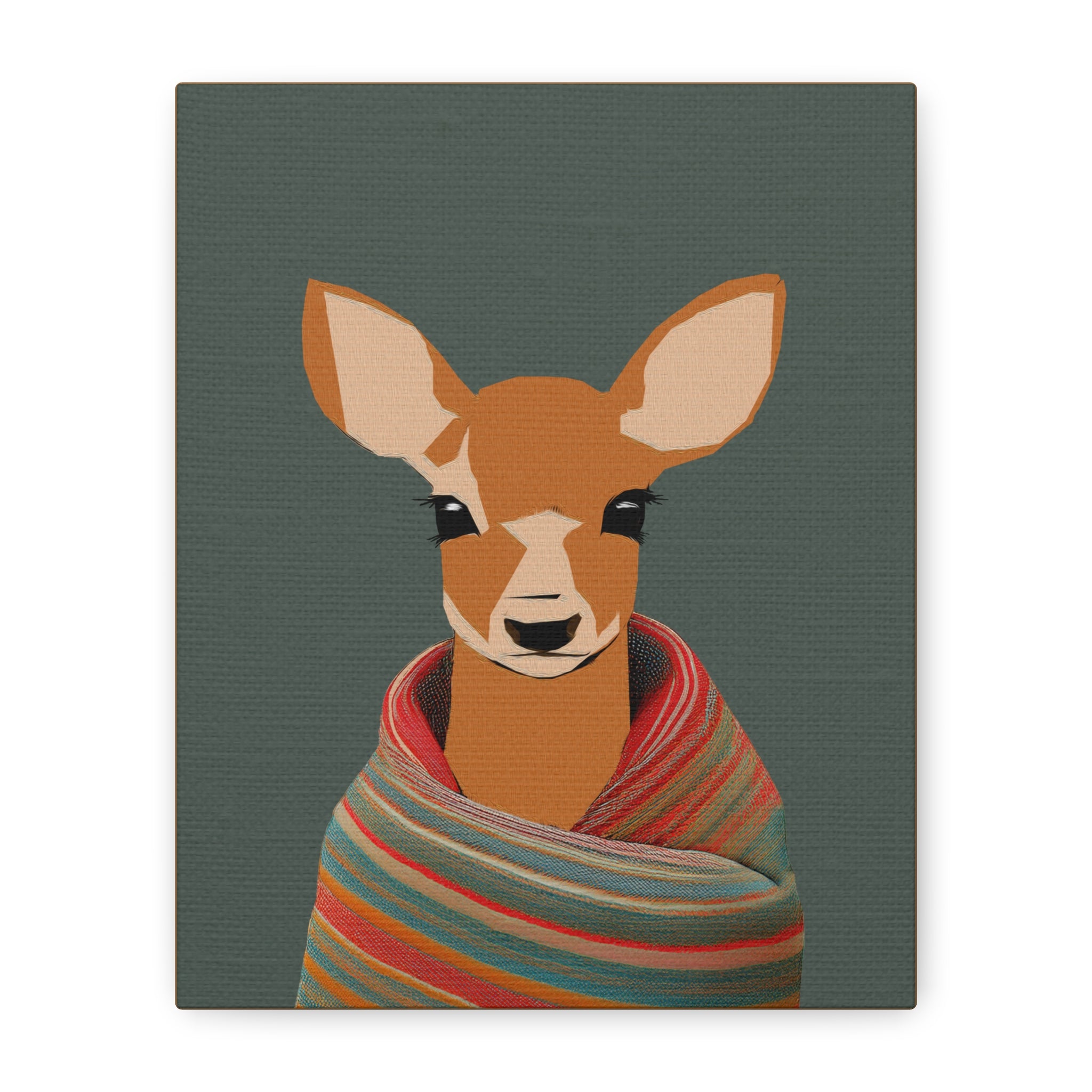 Midwest Mod Baby Deer Doe with Blanket Winter Print- Matte Canvas, Stretched, 1.25", holiday decor, winter, cozy, deer, doe, blankets