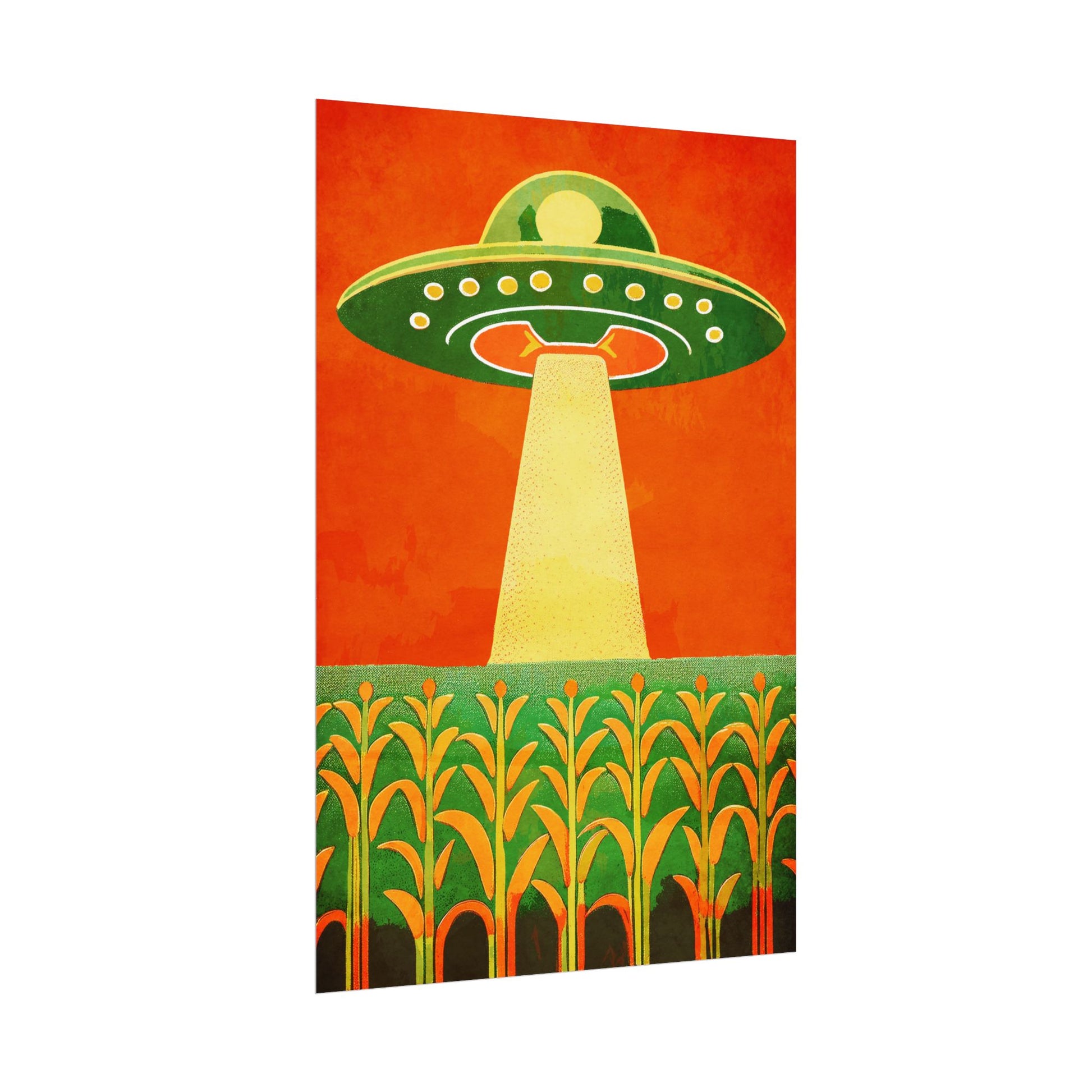 Midwest Modern UFO and Corn Art Print Rolled Poster | Wall Art, Midwest Mod, Prairie, UFO, UAP, Aliens, Cornfield, Martians
