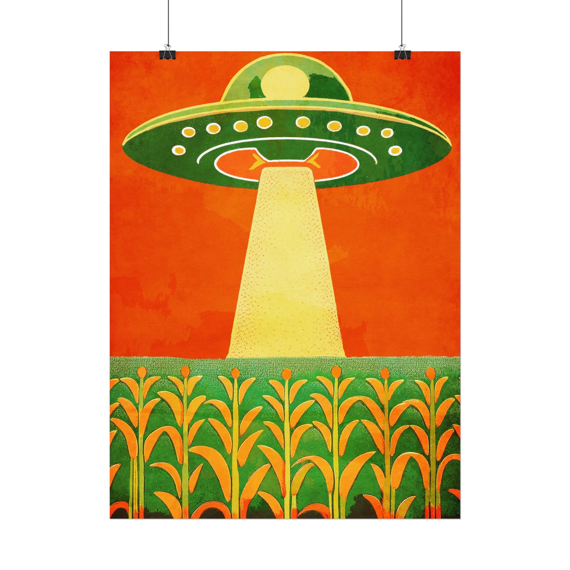 Midwest Modern UFO and Corn Art Print Rolled Poster | Wall Art, Midwest Mod, Prairie, UFO, UAP, Aliens, Cornfield, Martians