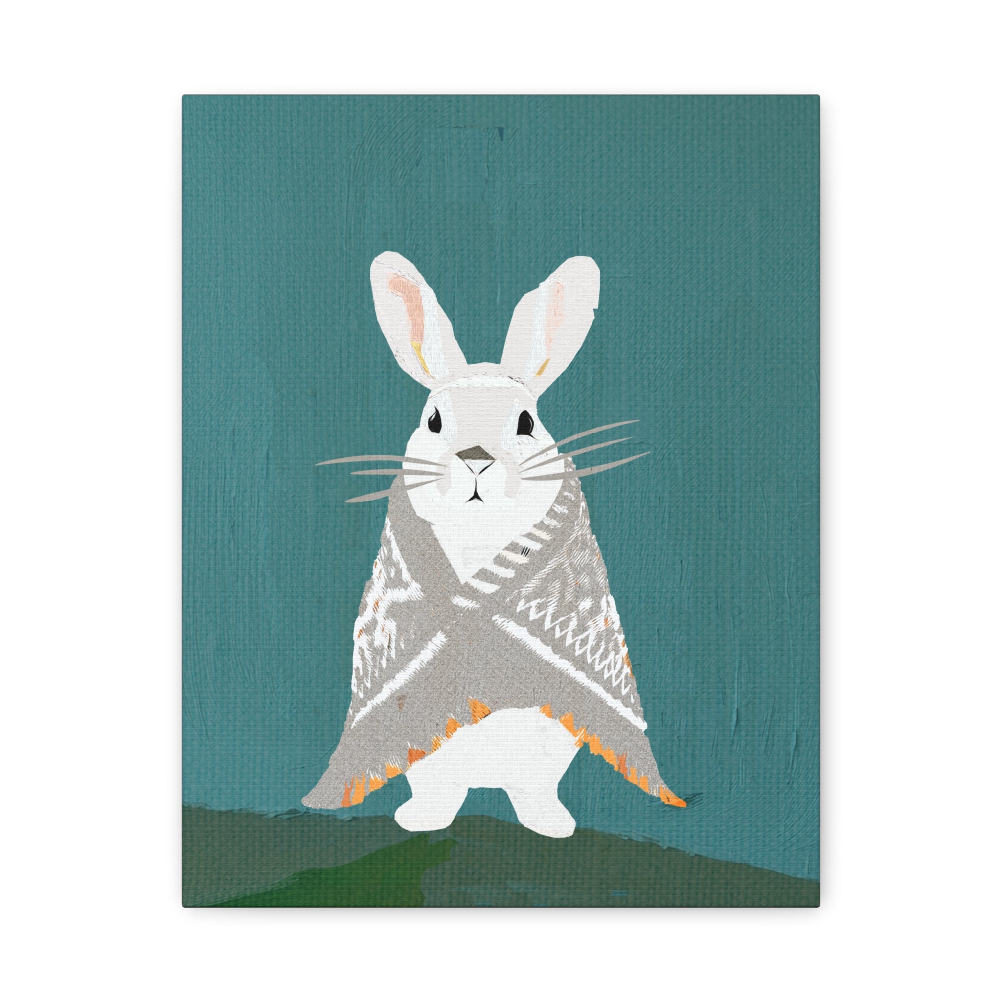 Midwest Mod Snowshoe Hare Bunny Rabbit with Blanket Winter Print- Matte Canvas, Stretched, 1.25", holiday decor, winter, cozy, snowshoe hare, bunny rabbit, blankets