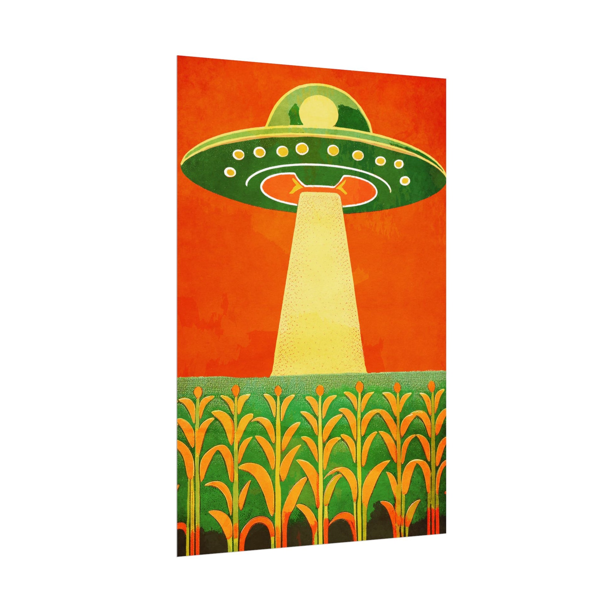 Midwest Modern UFO and Corn Art Print Rolled Poster | Wall Art, Midwest Mod, Prairie, UFO, UAP, Aliens, Cornfield, Martians