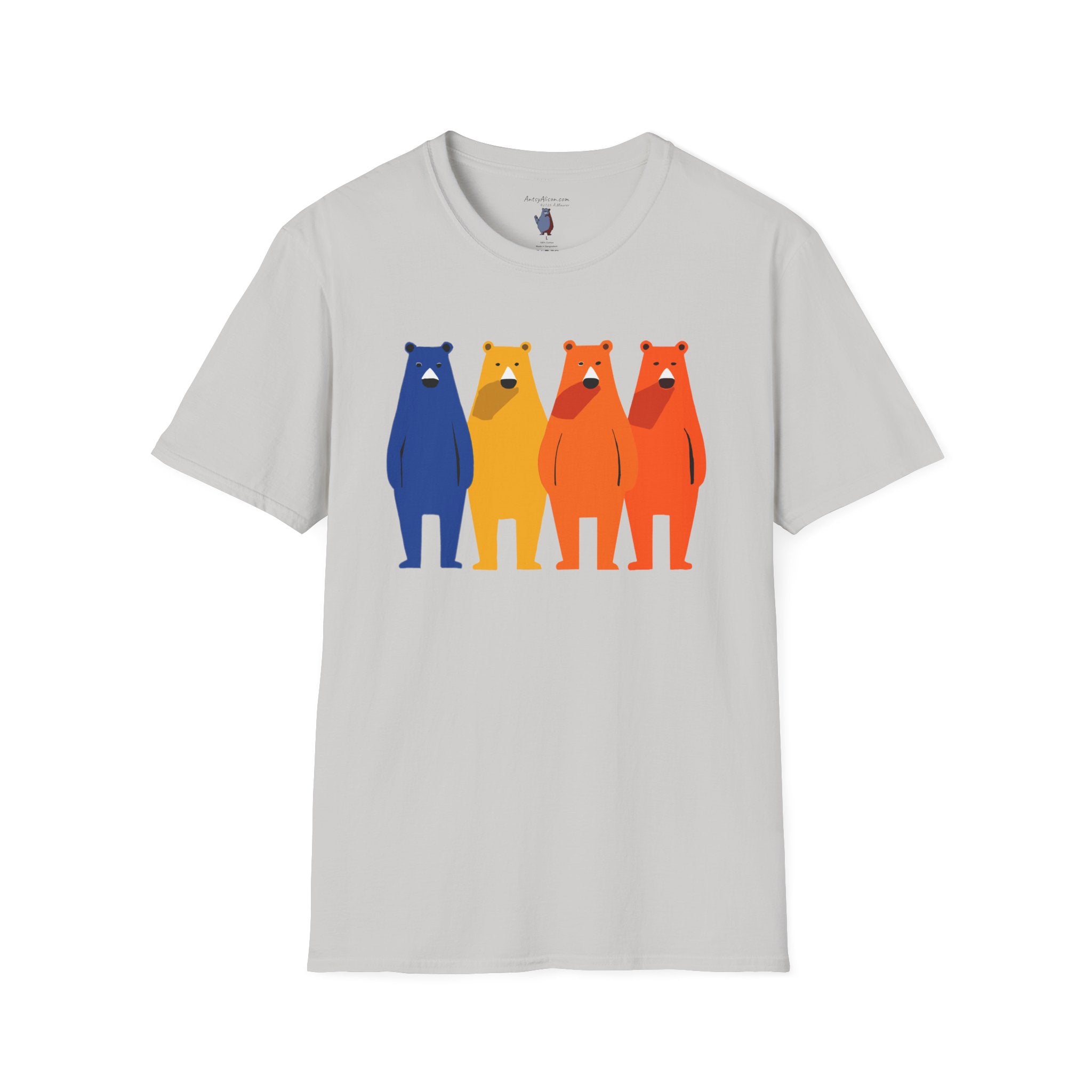 Midwest Modern Primary Row of Four Standing Bears - 100% Cotton Graphic Tee - animal lovers, primary colors, bears