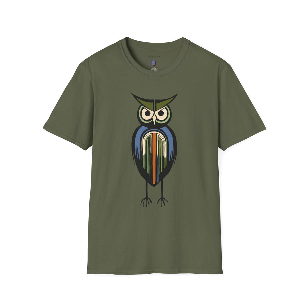 Midwest Modern Serious Striped Owl Graphic Art Tee - 100% Cotton T-Shirt