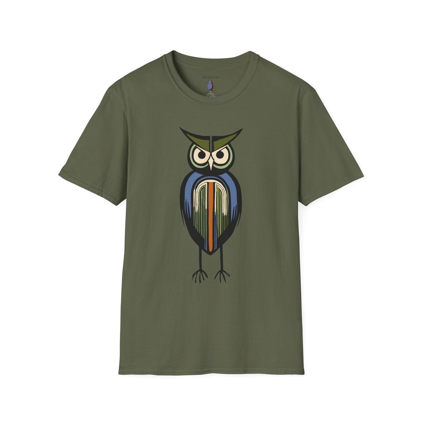 Midwest Modern Serious Striped Owl Graphic Art Tee - 100% Cotton T-Shirt