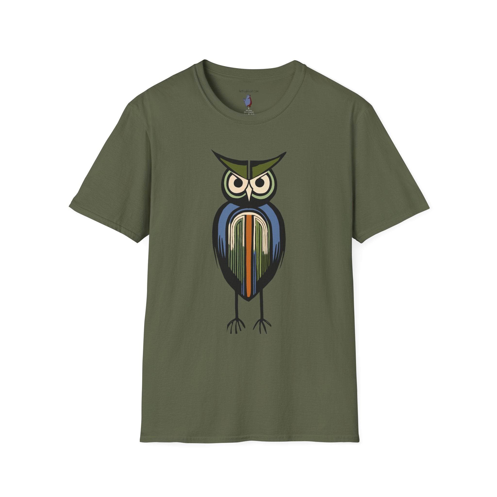 Midwest Modern Serious Striped Owl Graphic Art Tee - 100% Cotton T-Shirt