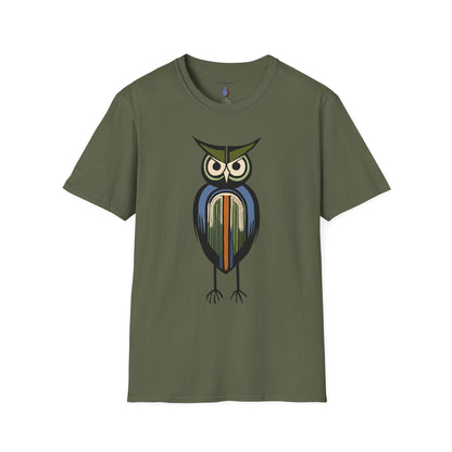 Midwest Modern Serious Striped Owl Graphic Art Tee - 100% Cotton T-Shirt