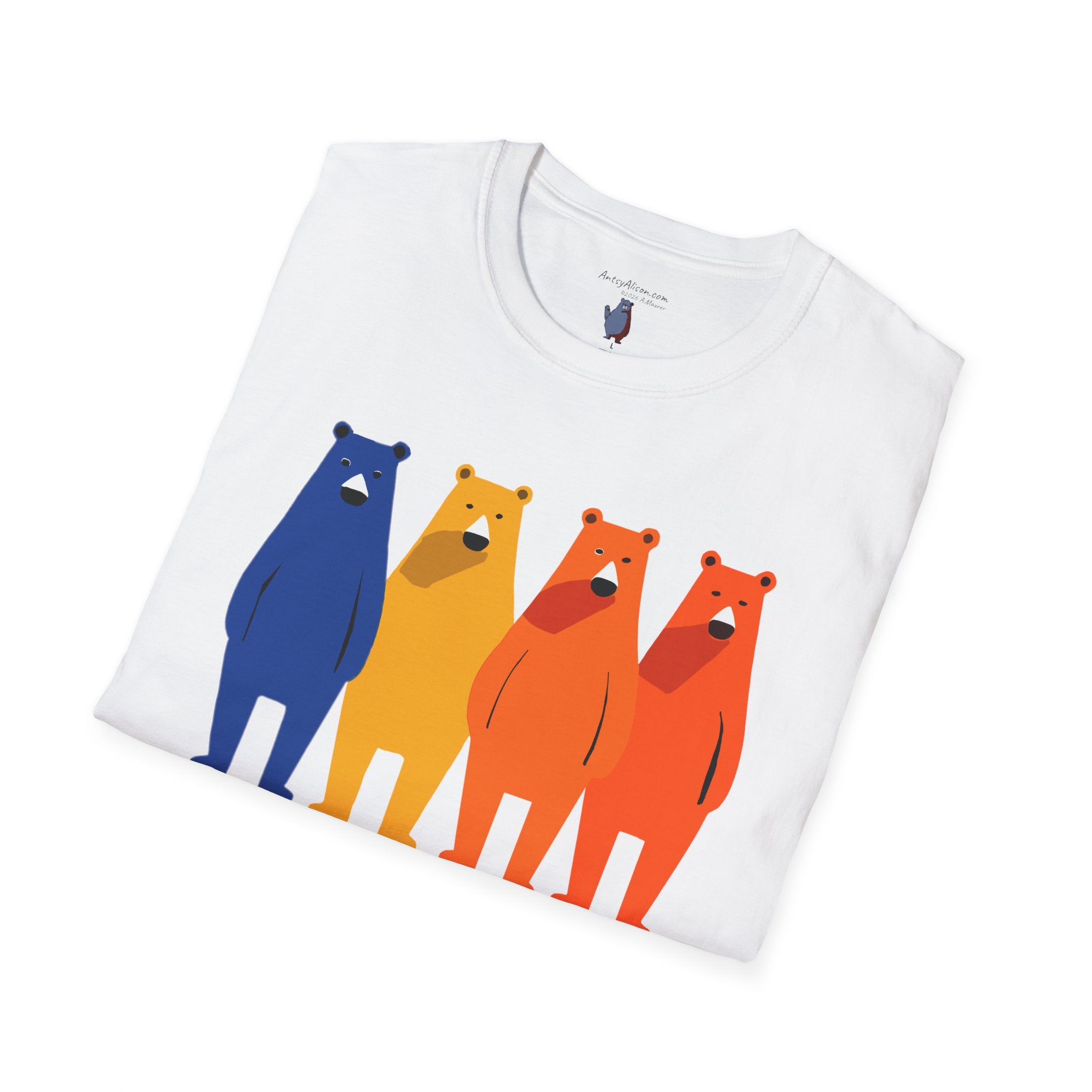 Midwest Modern Primary Row of Four Standing Bears - 100% Cotton Graphic Tee - animal lovers, primary colors, bears