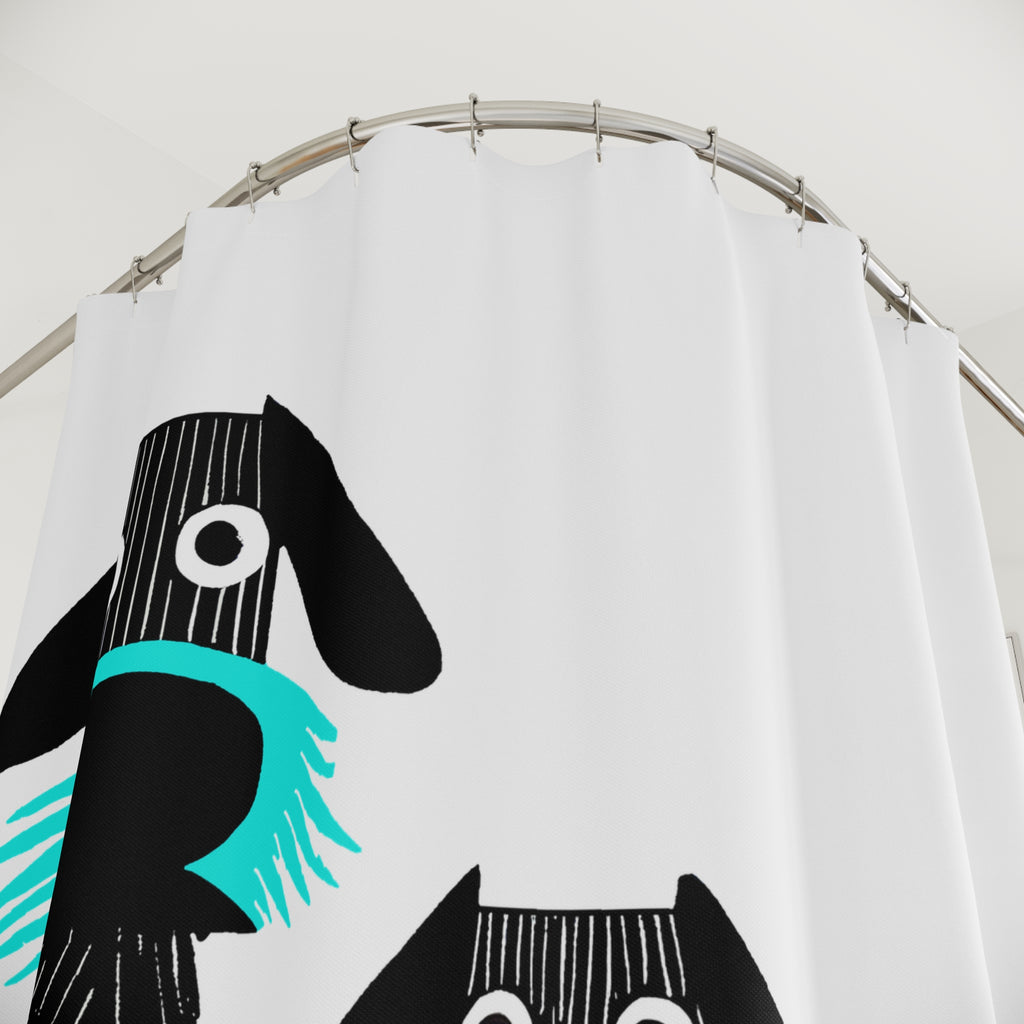 Retro Inspired Wide Eyed Dogs Shower Curtain Turquoise Blue Gradient