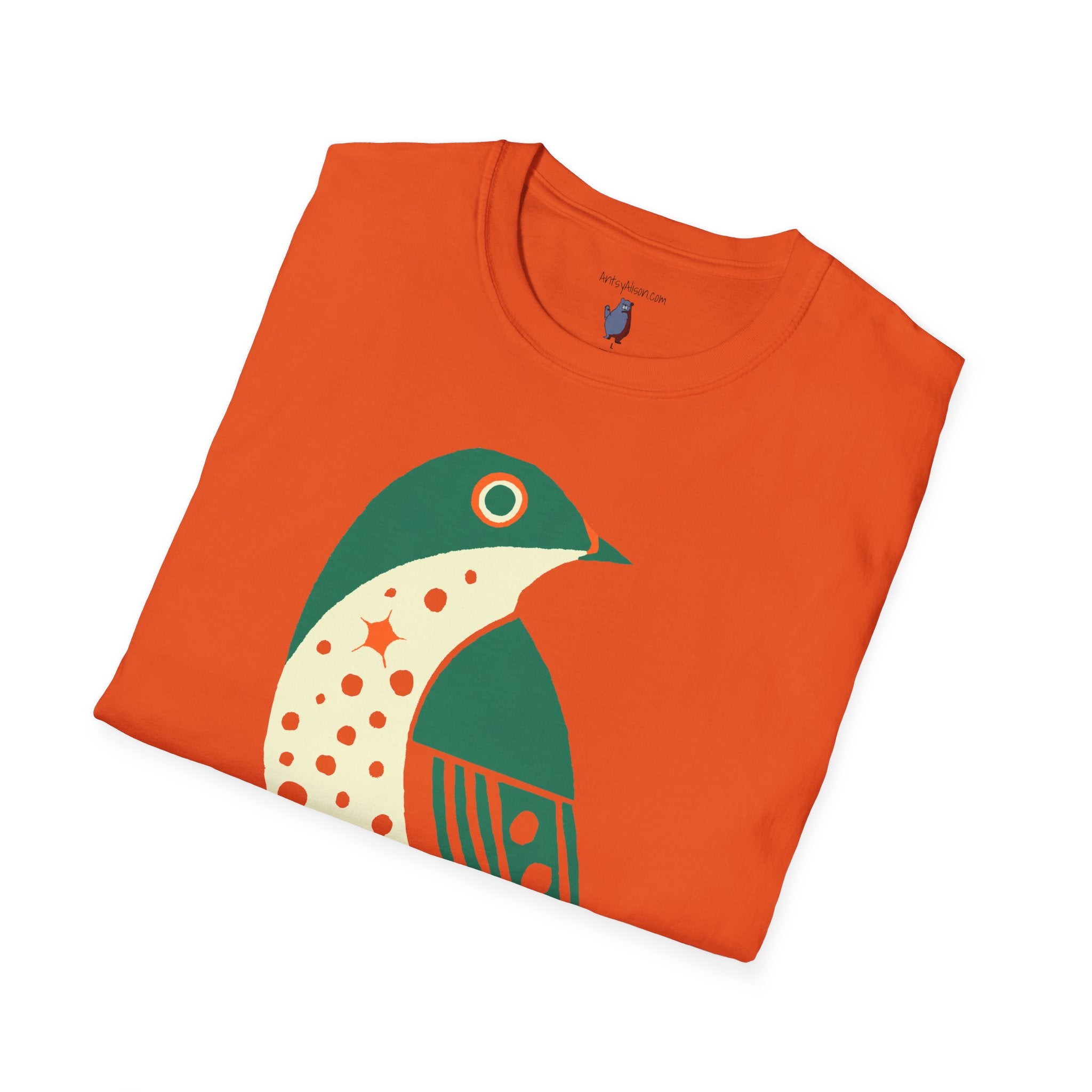 Green and Orange Moon Bird Graphic Art Tee - 100% Cotton T-Shirt