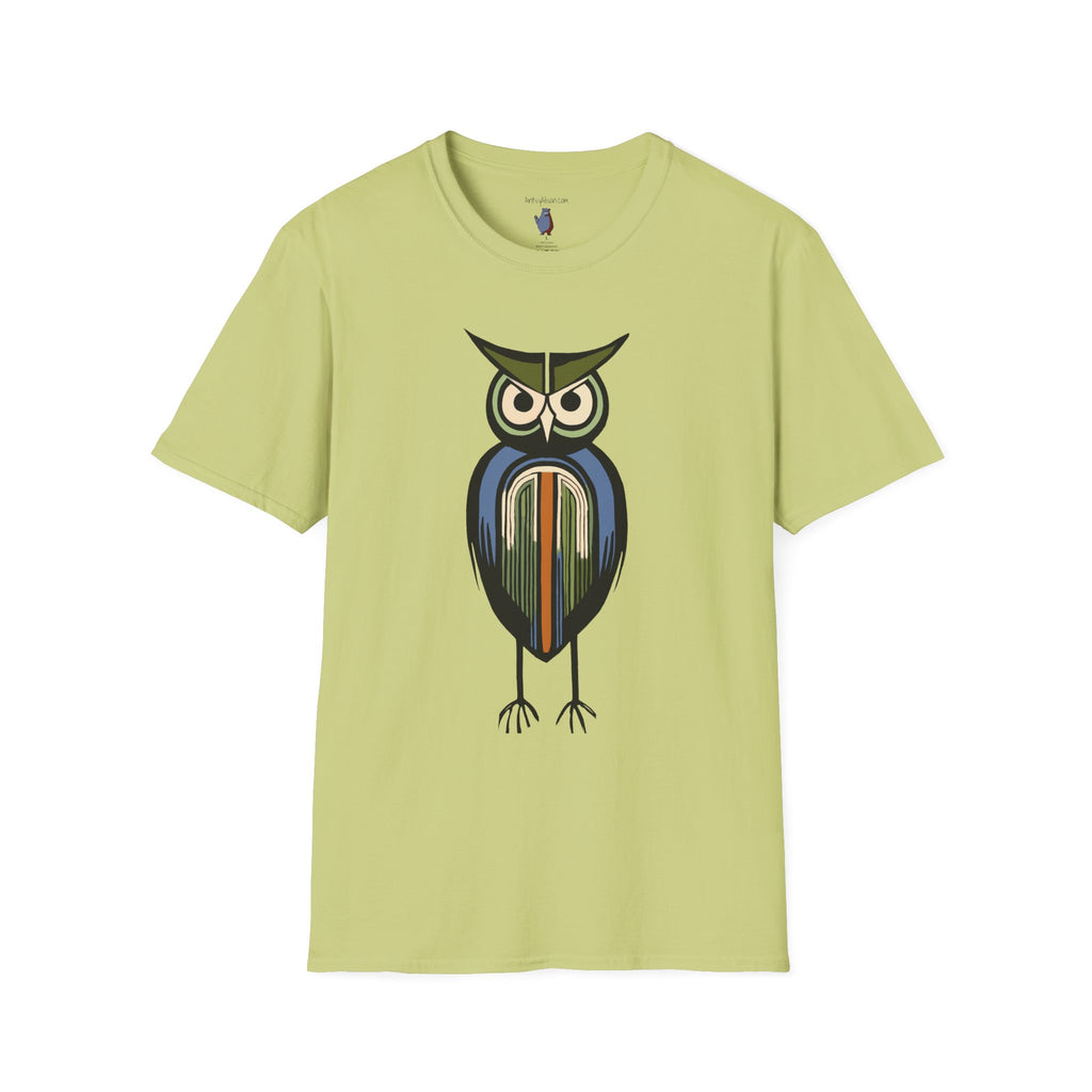 Midwest Modern Serious Striped Owl Graphic Art Tee - 100% Cotton T-Shirt