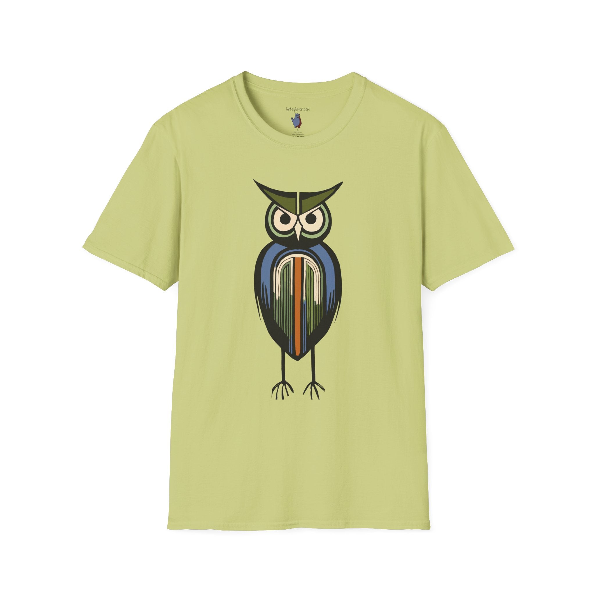 Midwest Modern Serious Striped Owl Graphic Art Tee - 100% Cotton T-Shirt