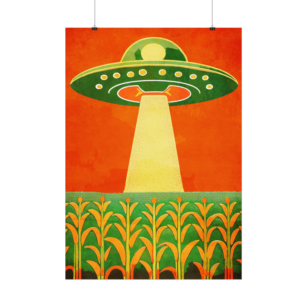 Midwest Modern UFO and Corn Art Print Rolled Poster | Wall Art, Midwest Mod, Prairie, UFO, UAP, Aliens, Cornfield, Martians
