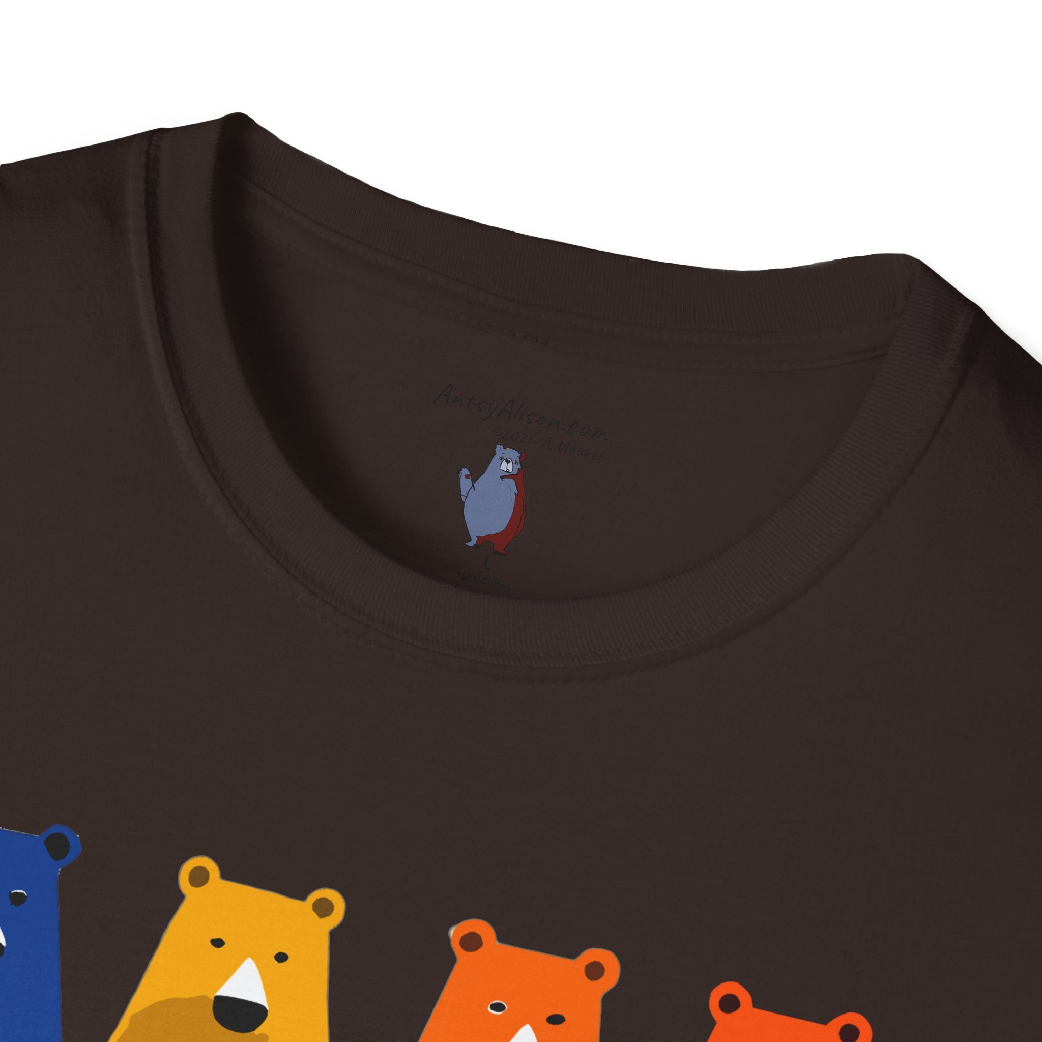 Midwest Modern Primary Row of Four Standing Bears - 100% Cotton Graphic Tee - animal lovers, primary colors, bears