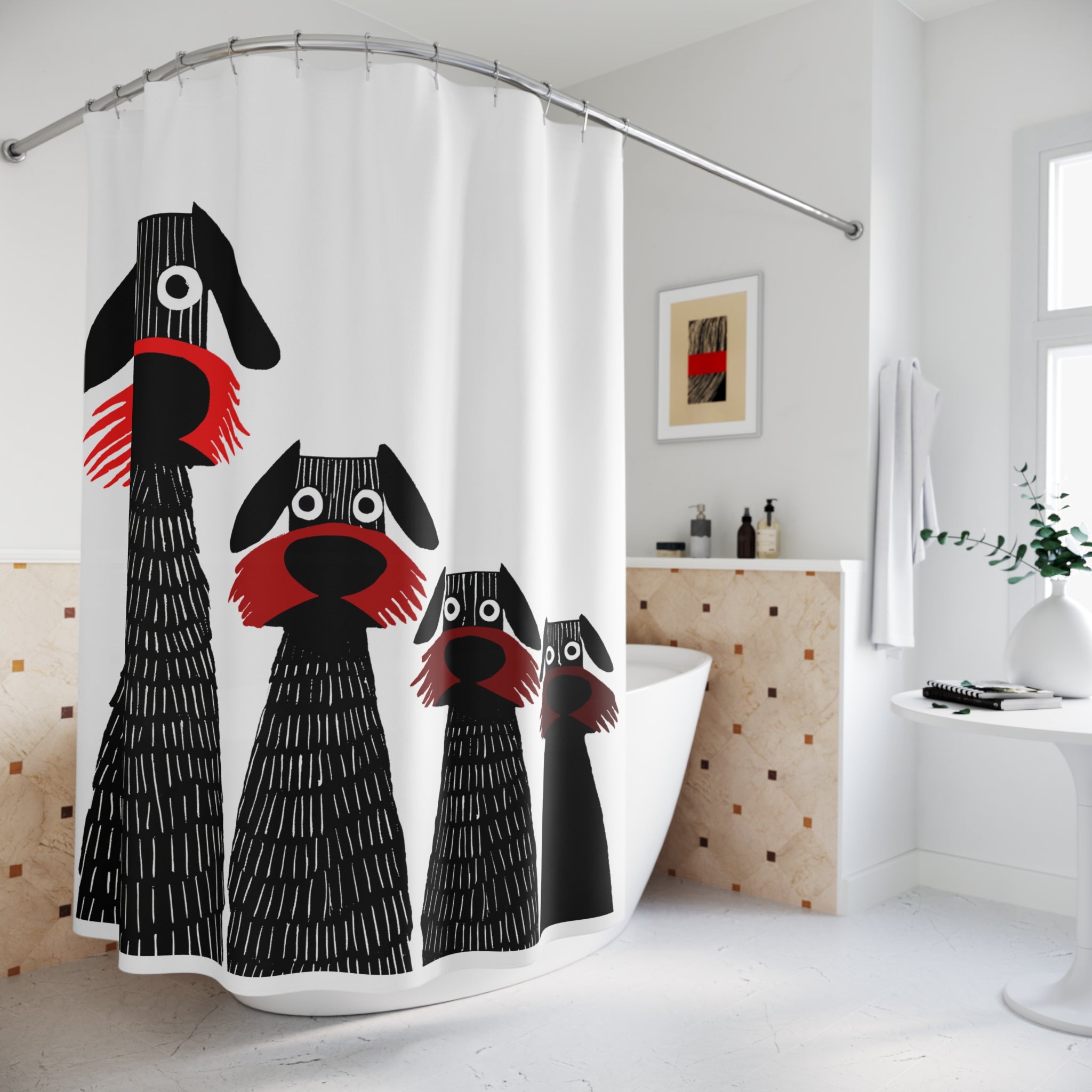 Retro Inspired Wide Eyed Dogs Shower Curtain Red Gradient