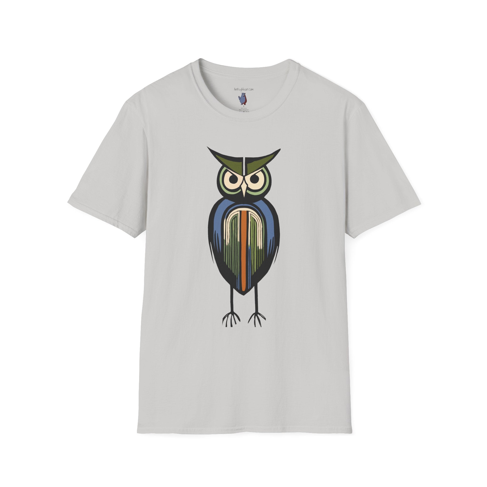 Midwest Modern Serious Striped Owl Graphic Art Tee - 100% Cotton T-Shirt