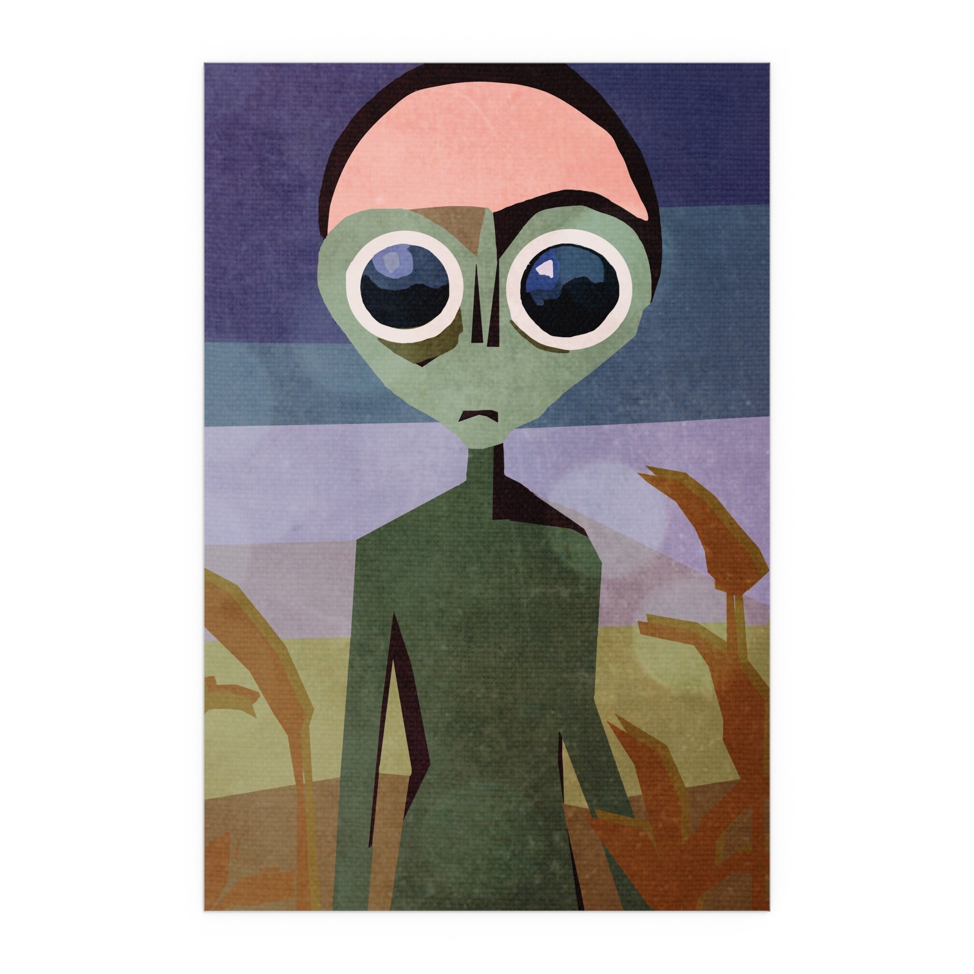 Midwest Mod Wide Eyed Alien in Cornfield Seasonal Silk Poster, Indoor and Outdoor Decor, Unique Home Decor, Seasonal Decor, Halloween, Alien