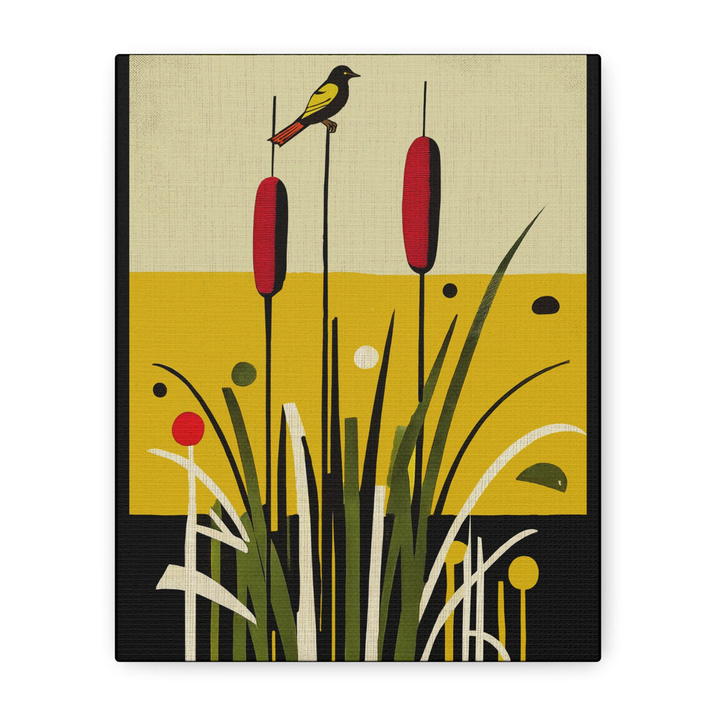 Midwest Mod Cattails with Bird Art Print  - Matte Canvas, Stretched, 1.25"