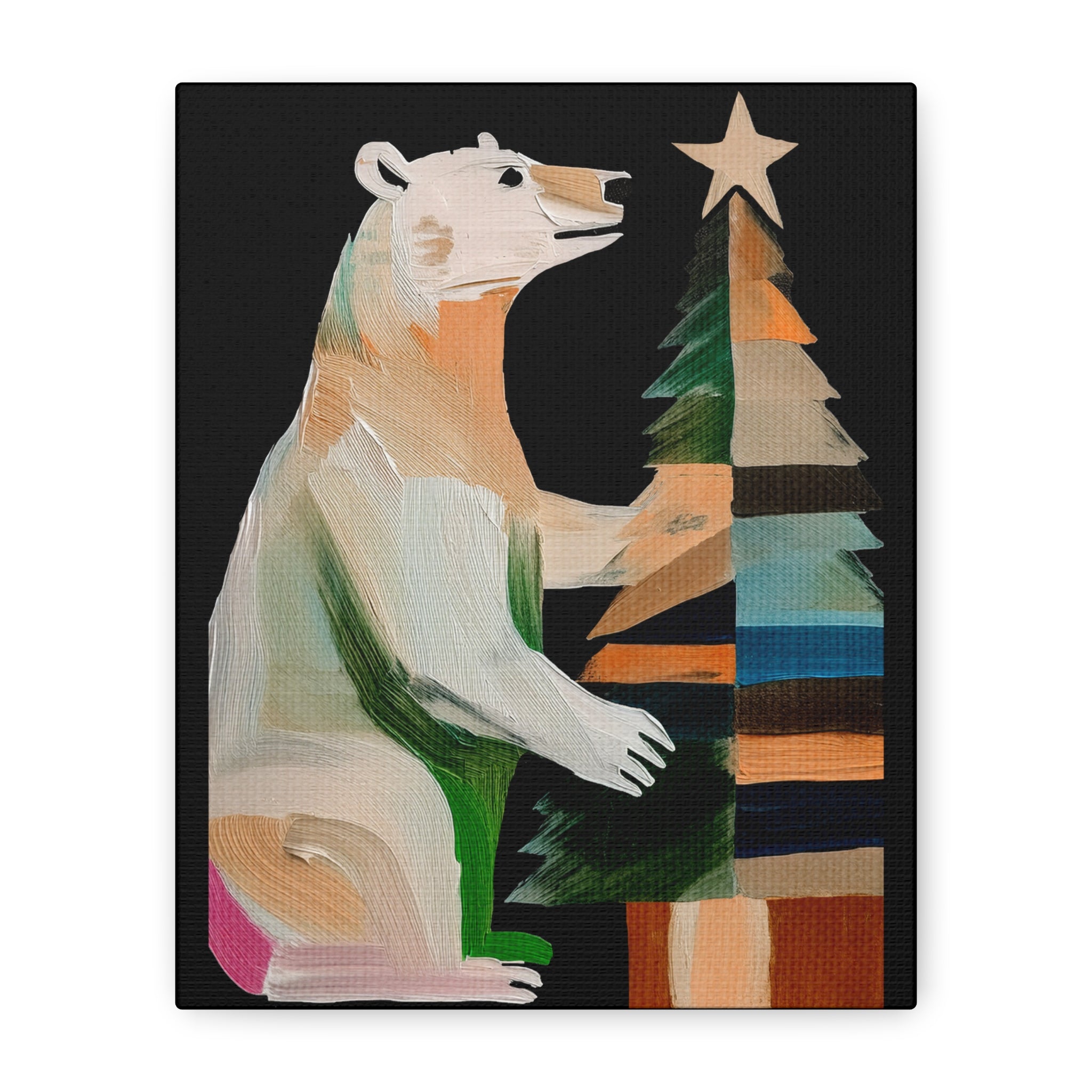 Midwest Mod Seasonal Christmas Art Print - Polar Bear Decorating Tree - Matte Canvas, Stretched, 1.25"