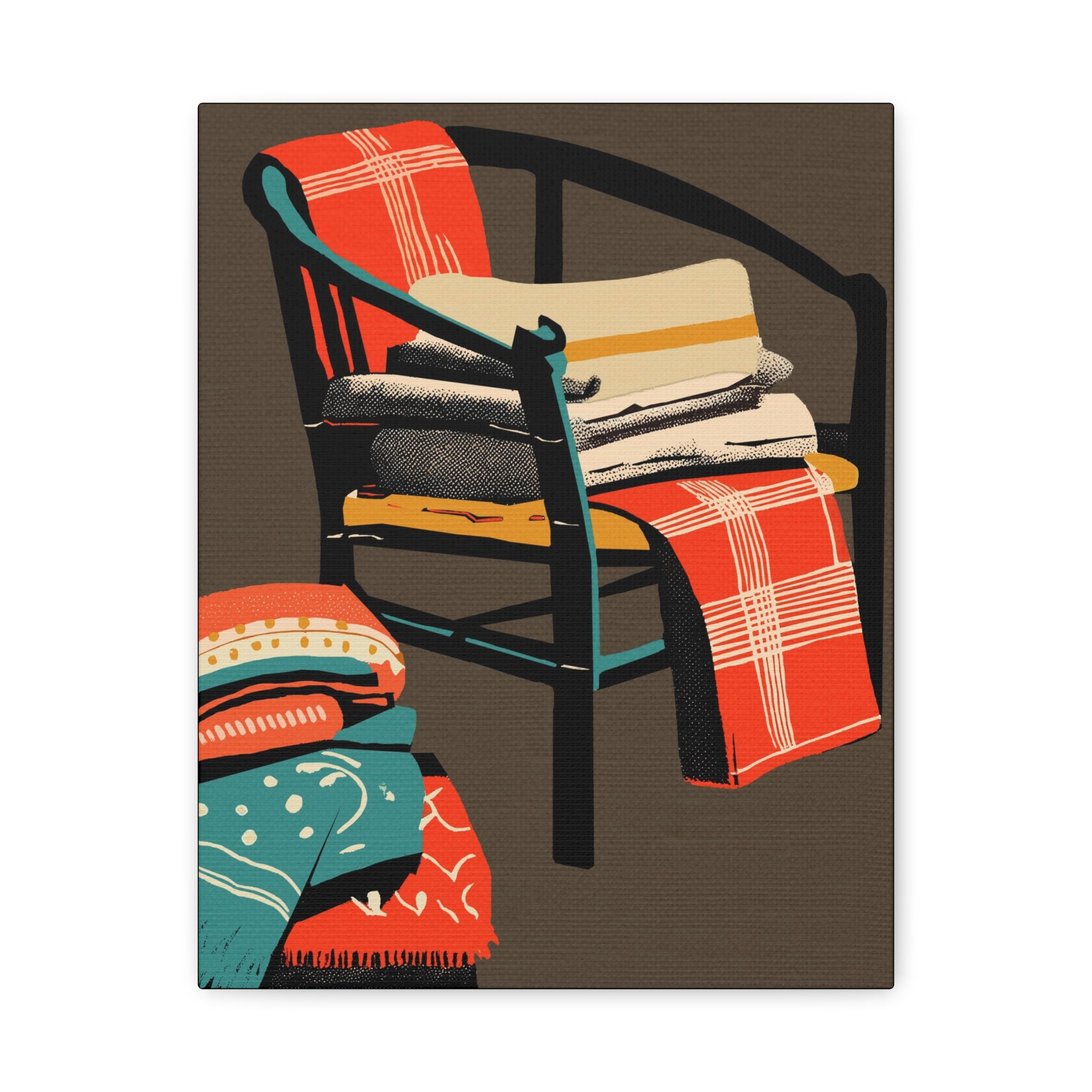 Lake Cabin Camp Chair with Blankets Art Print - Matte Canvas, Stretched, 1.25" -  home decor, wall art, mod chair, blankets, shabby, cabin, camp