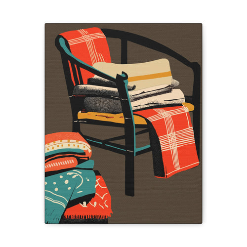 Lake Cabin Camp Chair with Blankets Art Print - Matte Canvas, Stretched, 1.25" -  home decor, wall art, mod chair, blankets, shabby, cabin, camp