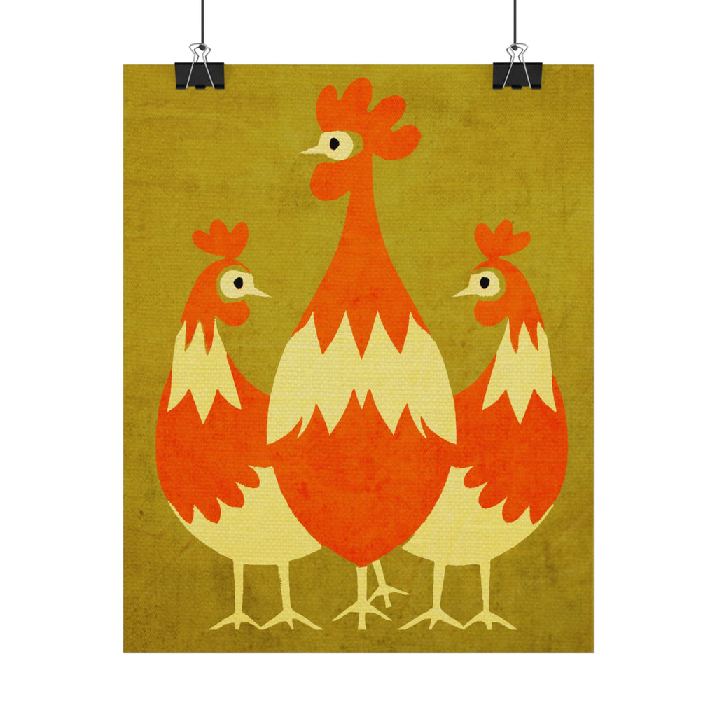 Midwest Modern Pop Art Chicken Trio Print Rolled Poster | Farmhouse Wall Art, Rustic Decor, Animal Print, Kitchen Decor, Gift For Chicken Lovers