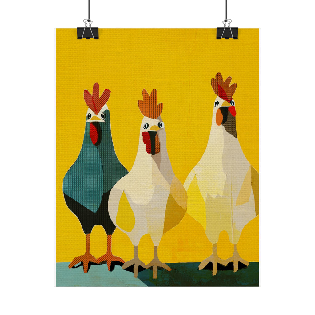 Midwest Modern Pop Art Chicken Trio Two Print Rolled Poster | Farmhouse Wall Art, Rustic Decor, Animal Print, Kitchen Decor, Gift For Chicken Lovers