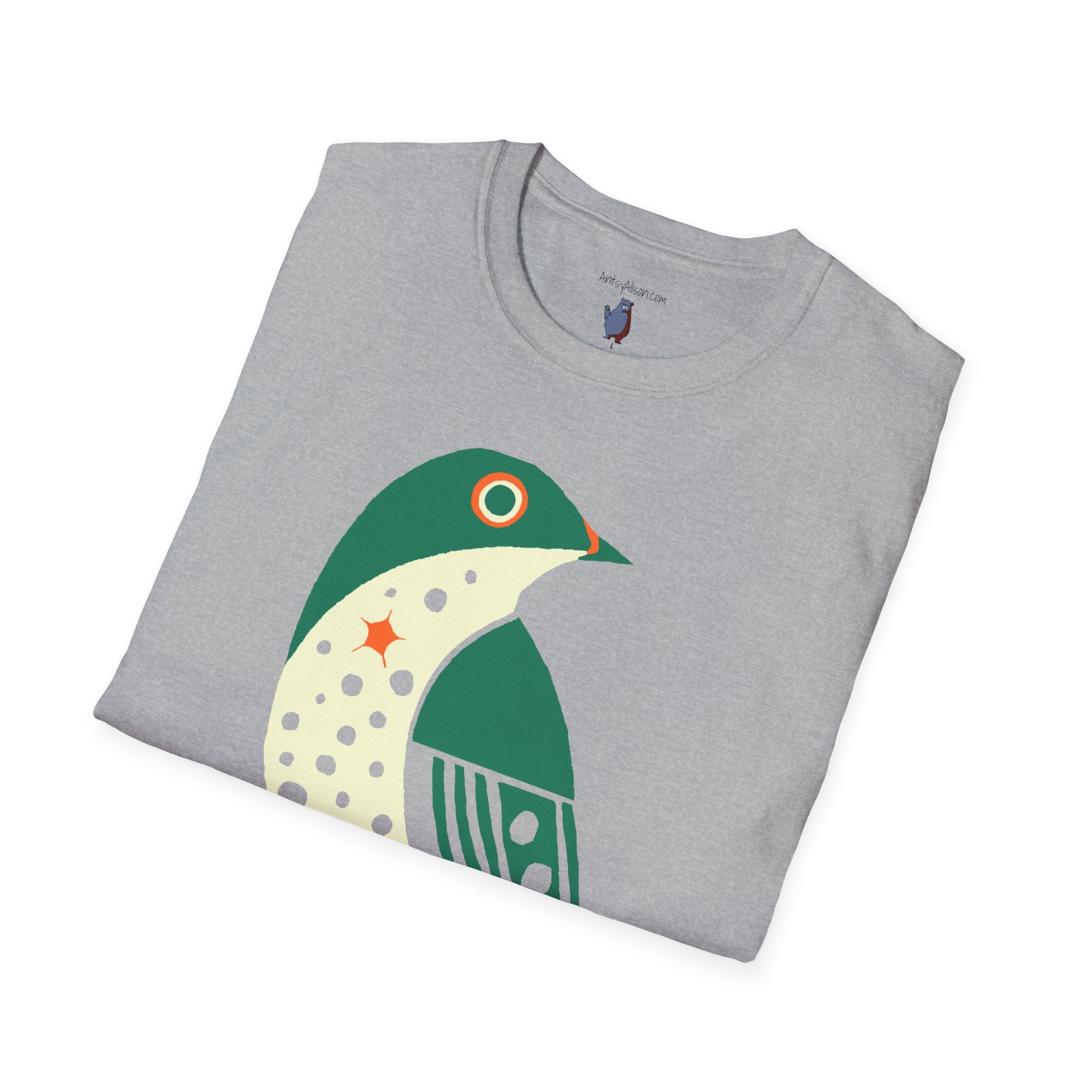 Green and Orange Moon Bird Graphic Art Tee - 100% Cotton T-Shirt