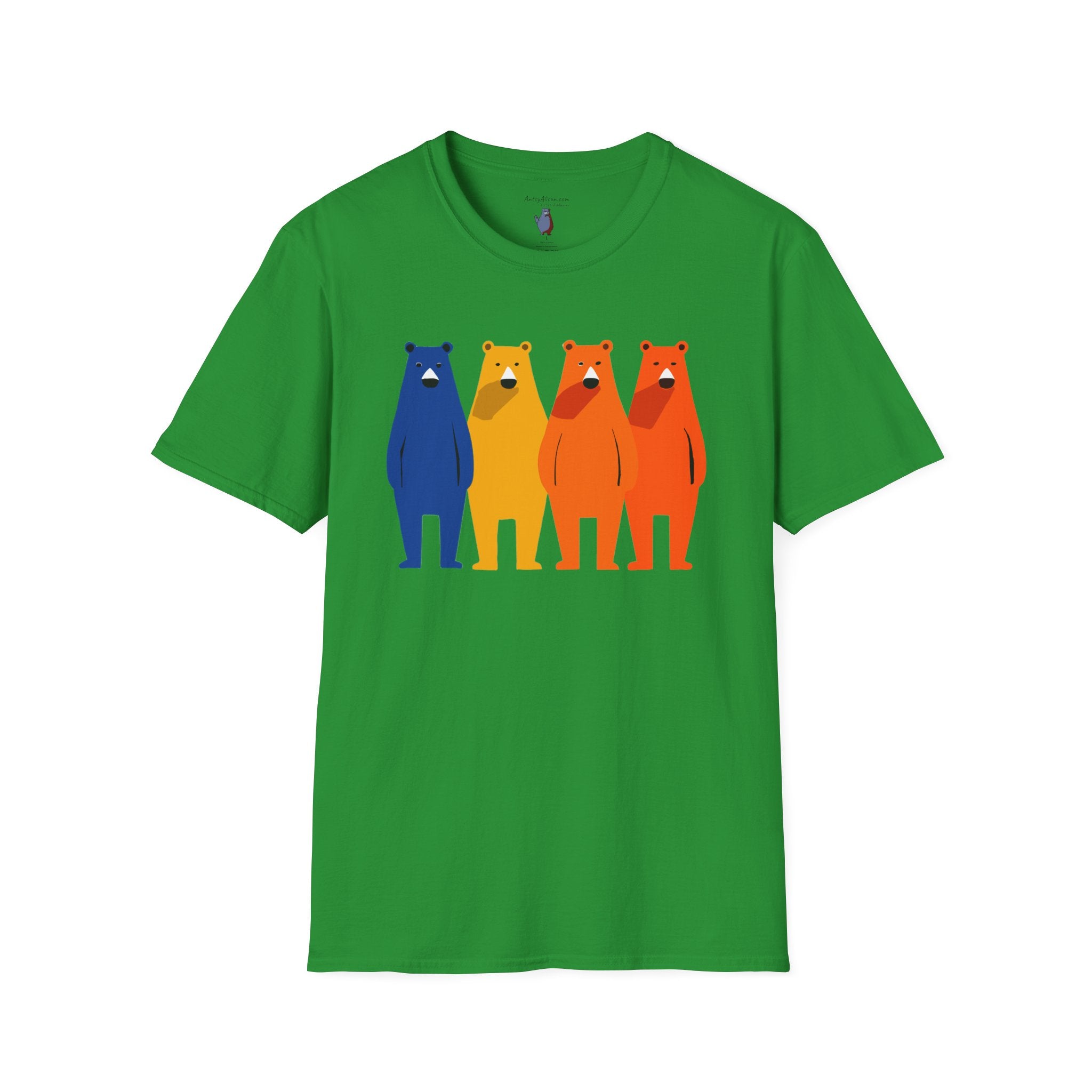 Midwest Modern Primary Row of Four Standing Bears - 100% Cotton Graphic Tee - animal lovers, primary colors, bears