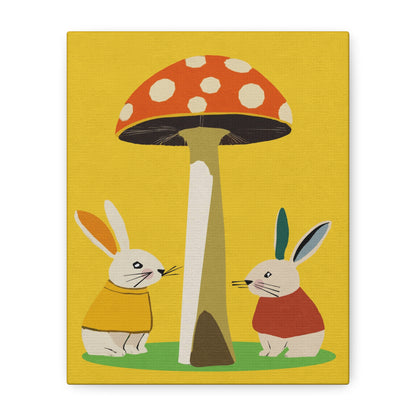 Gender Neutral Bunny Rabbits and Mushroom Art Print - Matte Canvas, Stretched, 1.25"