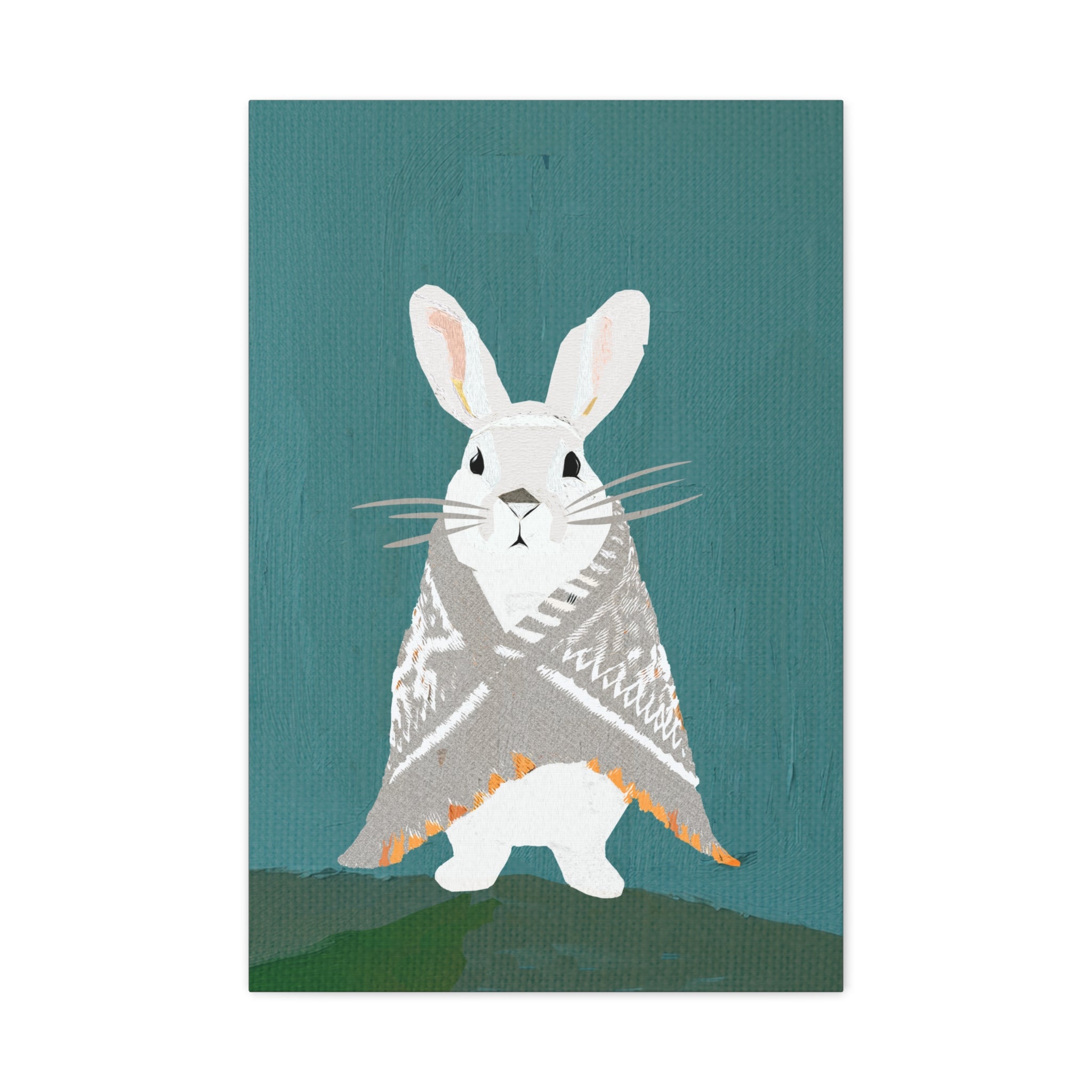 Midwest Mod Snowshoe Hare Bunny Rabbit with Blanket Winter Print- Matte Canvas, Stretched, 1.25", holiday decor, winter, cozy, snowshoe hare, bunny rabbit, blankets
