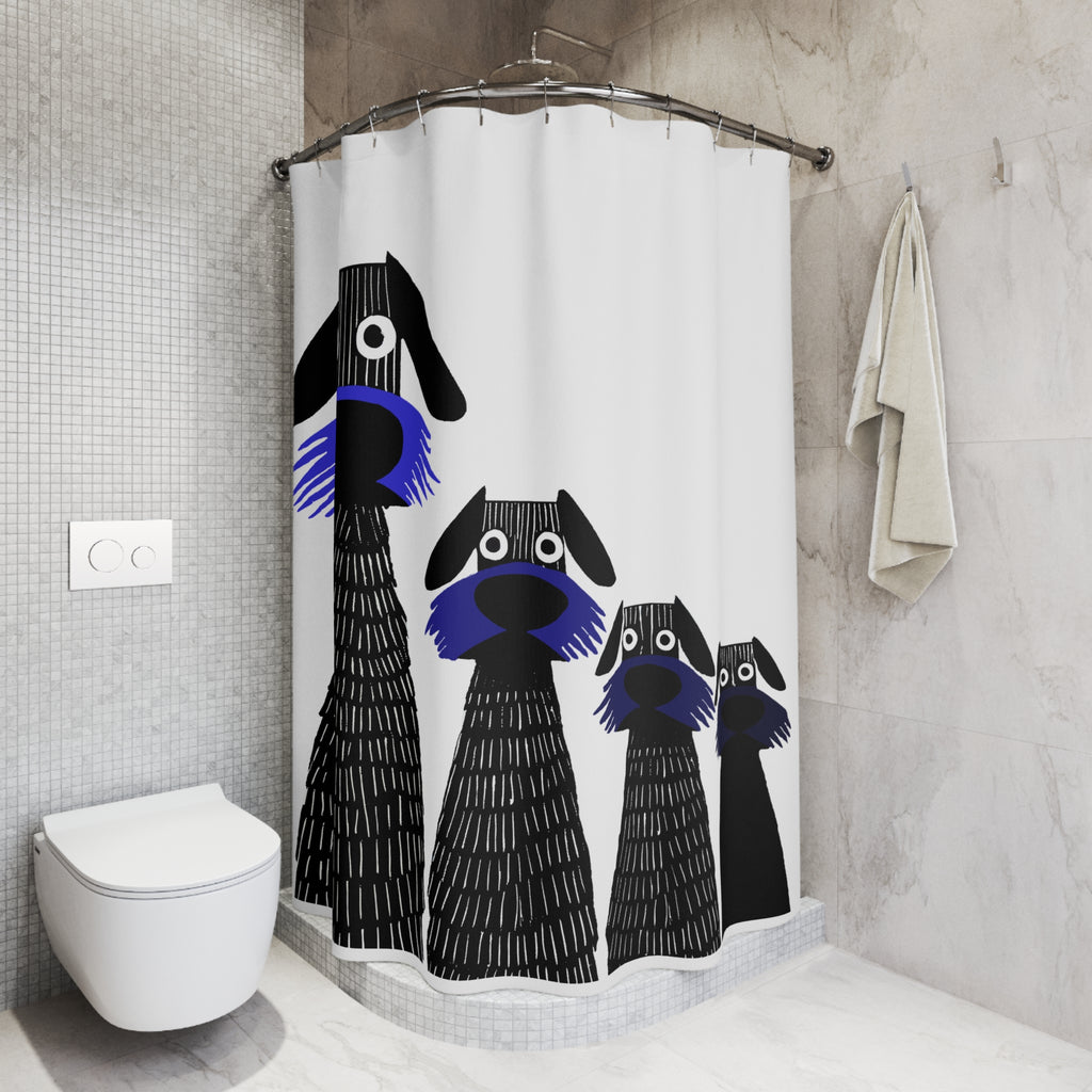 Retro Inspired Wide Eyed Dogs Shower Curtain Primary Blue Gradient