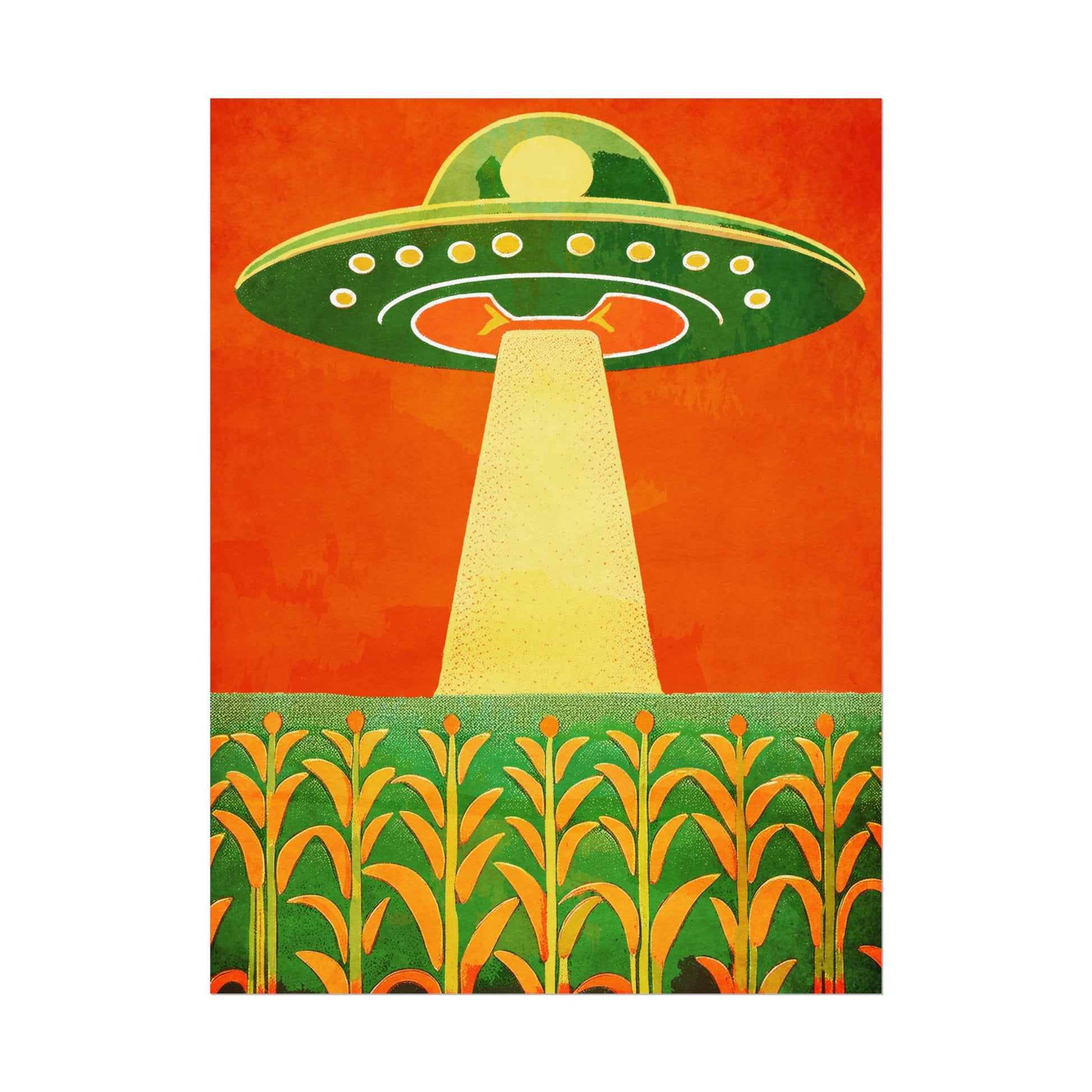 Midwest Modern UFO and Corn Art Print Rolled Poster | Wall Art, Midwest Mod, Prairie, UFO, UAP, Aliens, Cornfield, Martians