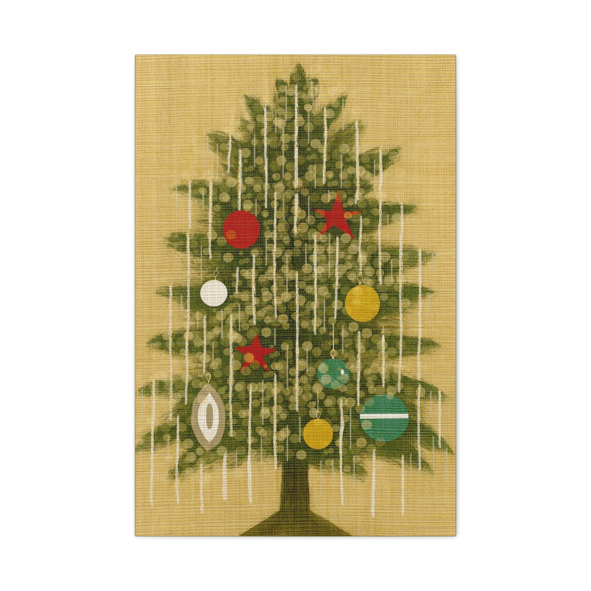 Midwest Mod Seasonal Christmas Art Print -Vintage Tinsel Adorned Tree- Matte Canvas, Stretched, 1.25"
