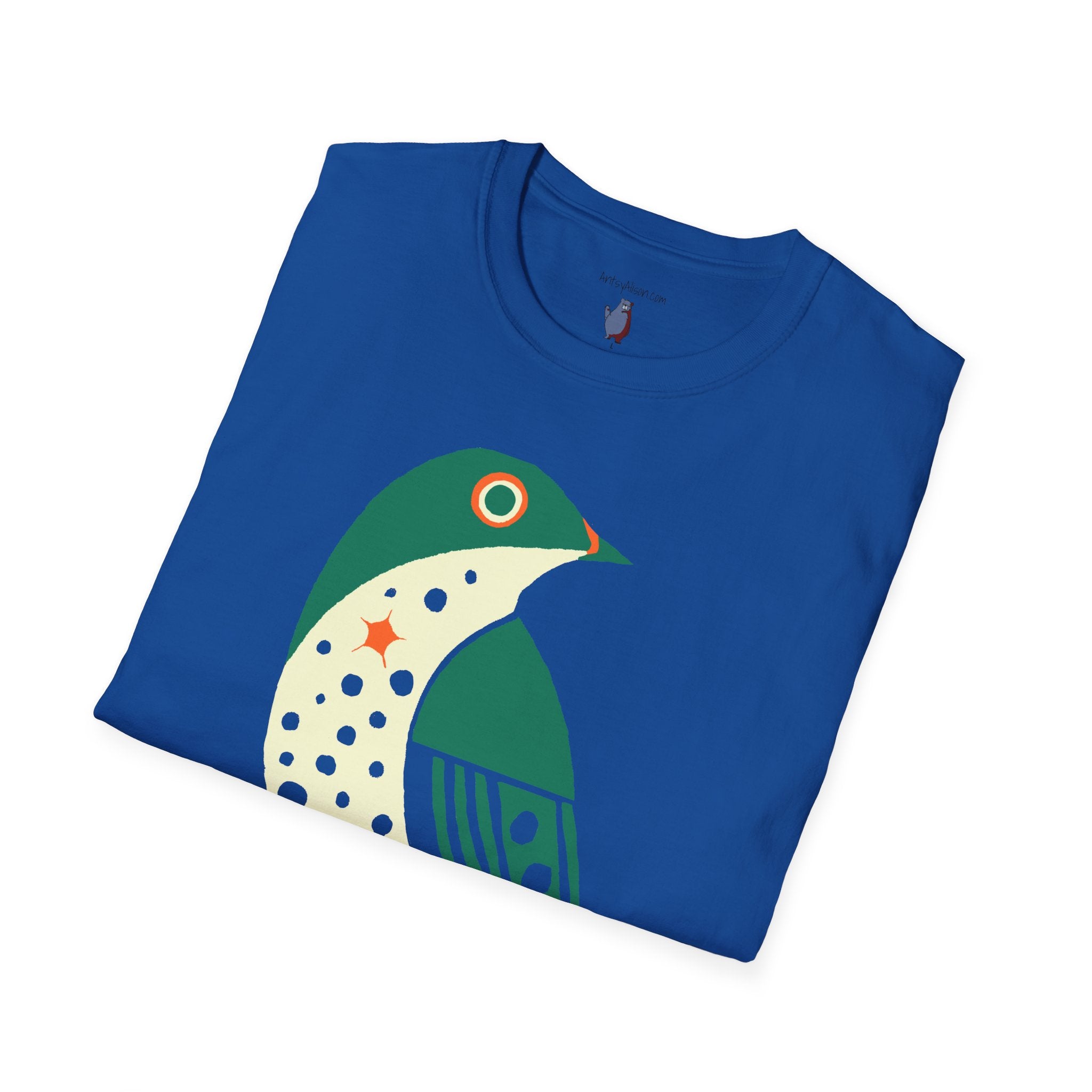 Green and Orange Moon Bird Graphic Art Tee - 100% Cotton T-Shirt