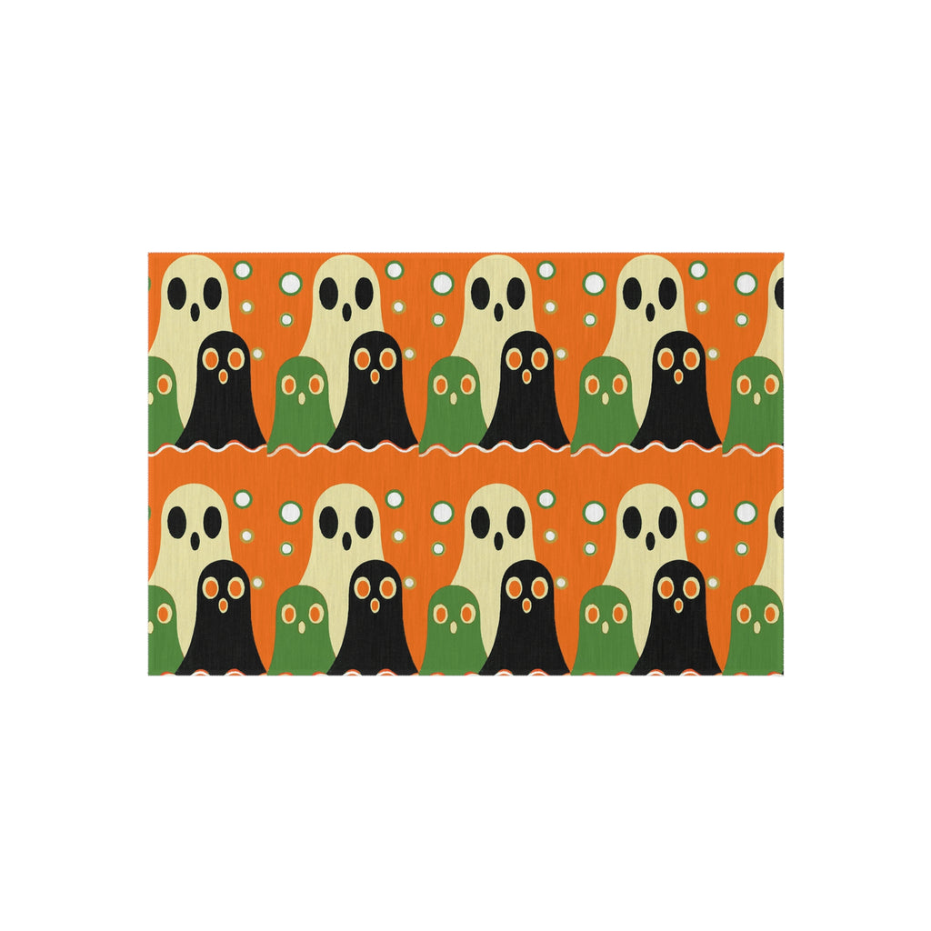 Mid-Century Modern Style Halloween Ghosts Pattern Outdoor Rug — Retro Abstract Patio Mat